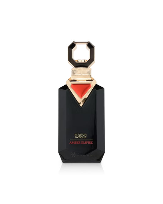 french avenue amber empire perfume black bottle shows against white background