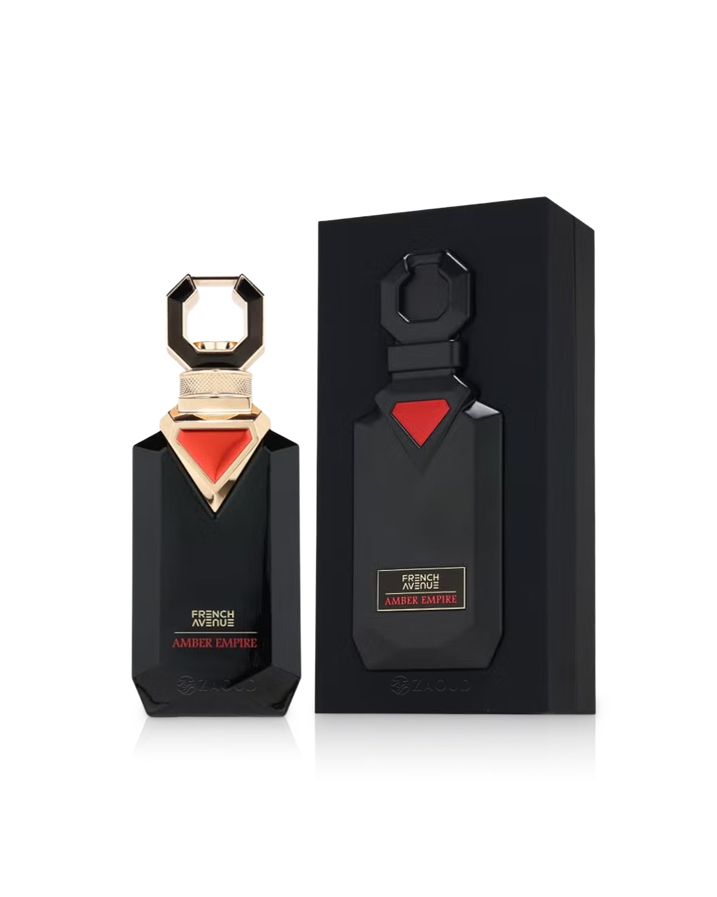 frenchh avenue amber empire Black perfume bottle with red cap and gold accents next to its packaging on a white background