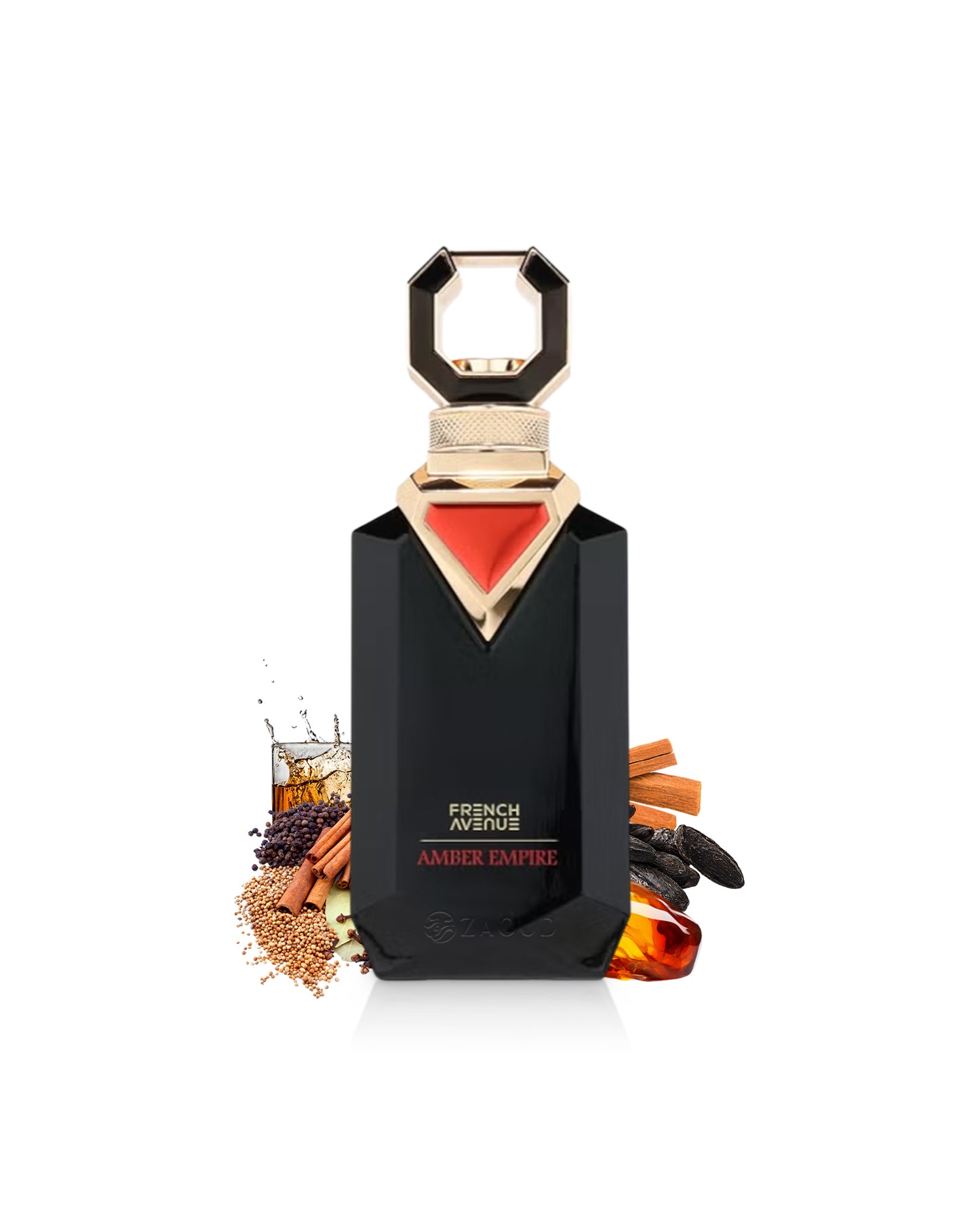 french avenue amber empire perfume black bottle surrounded by fragrance notes like spices and amber shows against white background