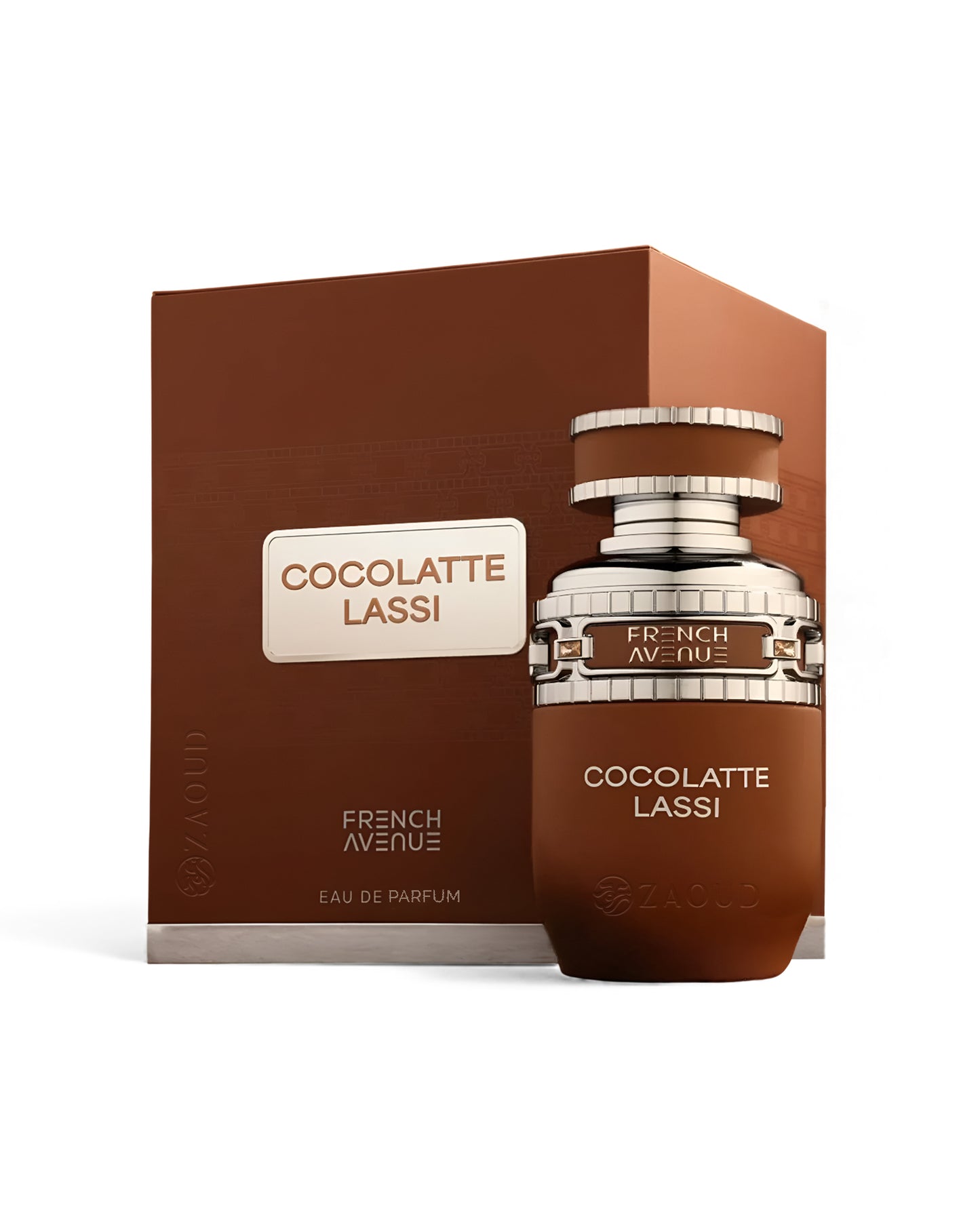 french avenue cocolatte perfume bottle shows beside its packaging against white background