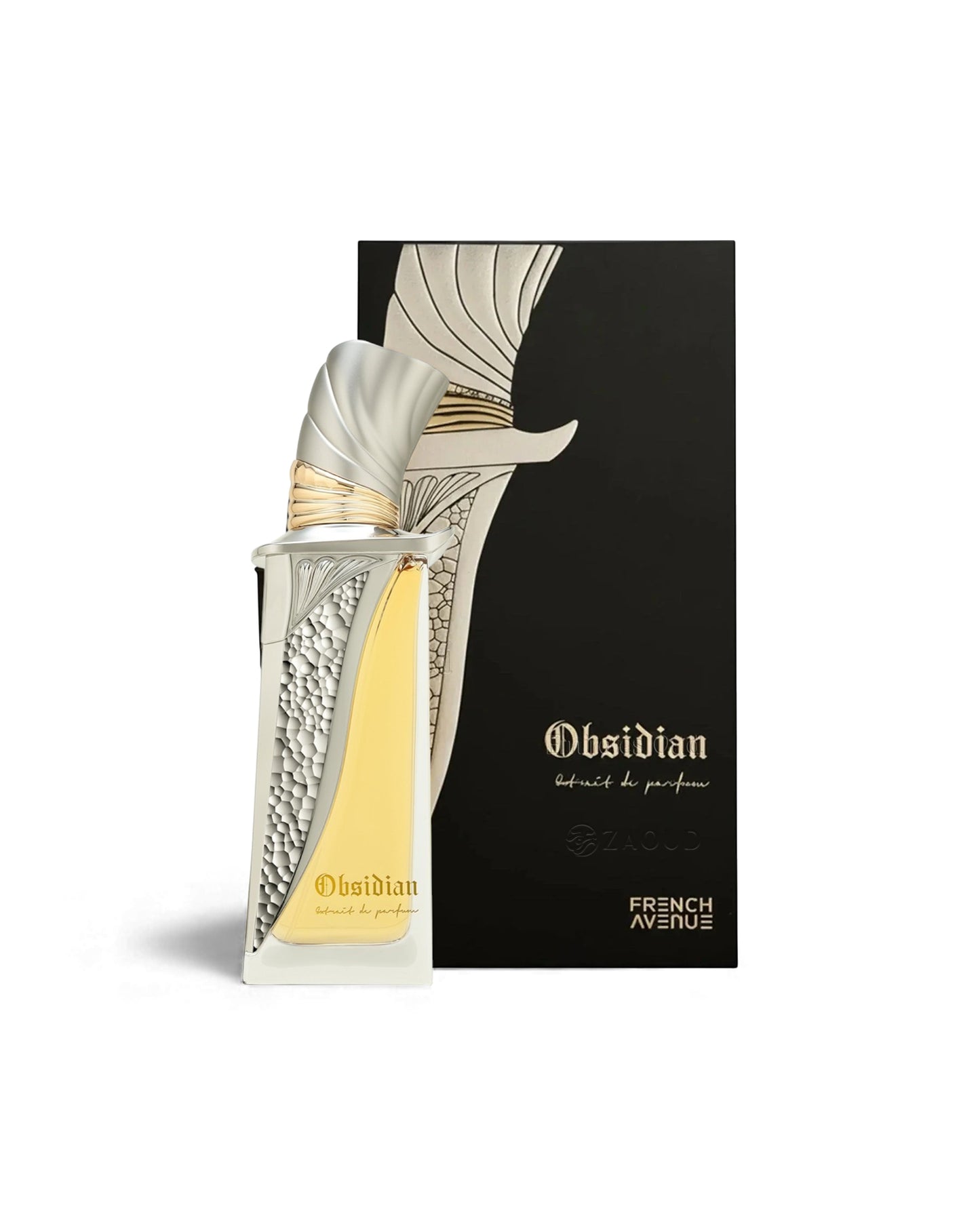 french avenue obsidian perfume bottle shows beside its packaging against white background