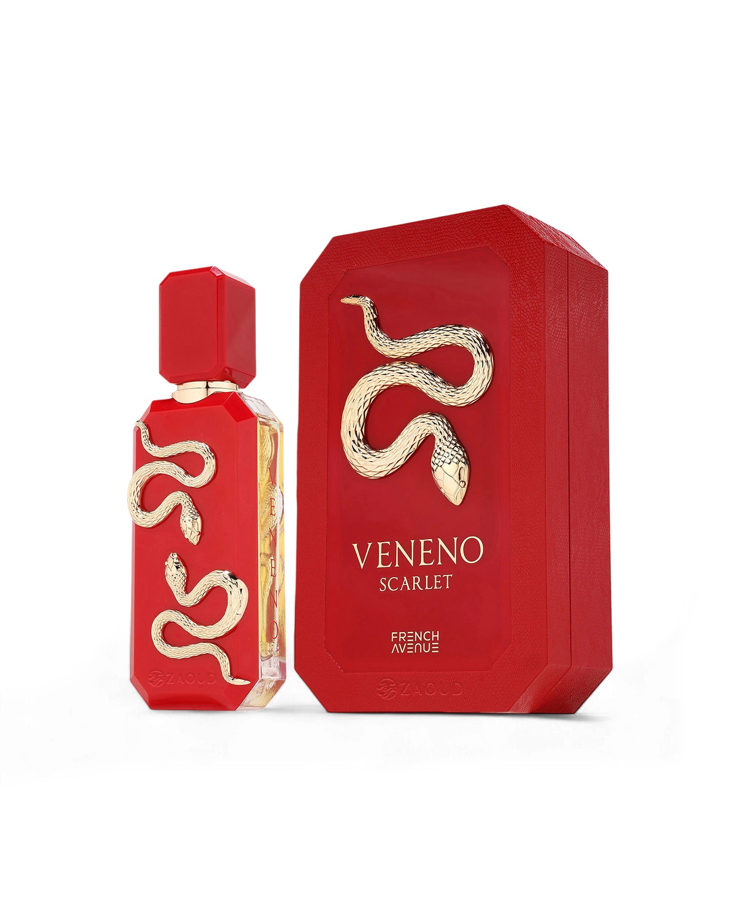 french avenue Veneno Scarlet perfume bottle and packaging with gold snake design on a white background