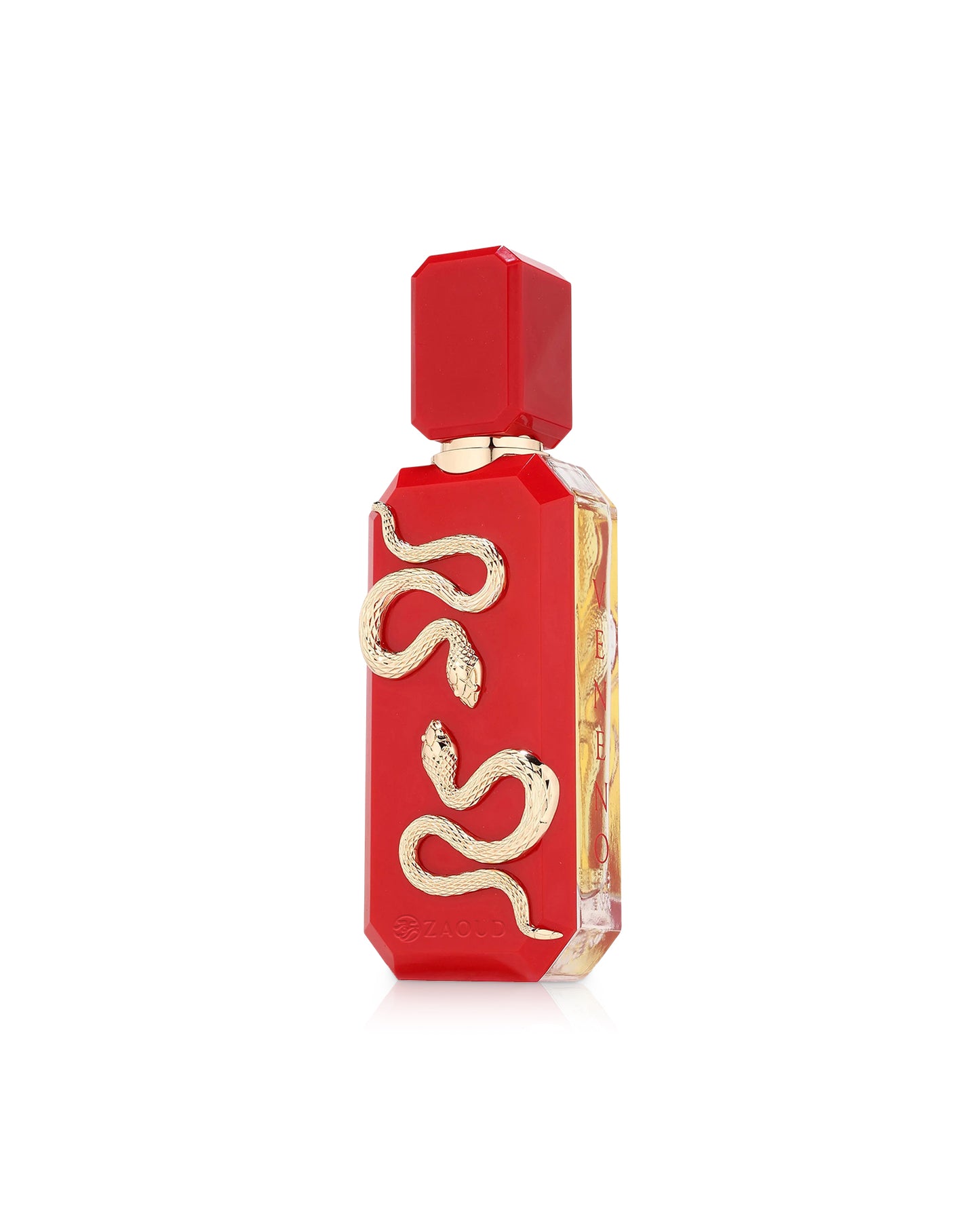 french avenue veneno scarlet red perfume bottle shows against white background