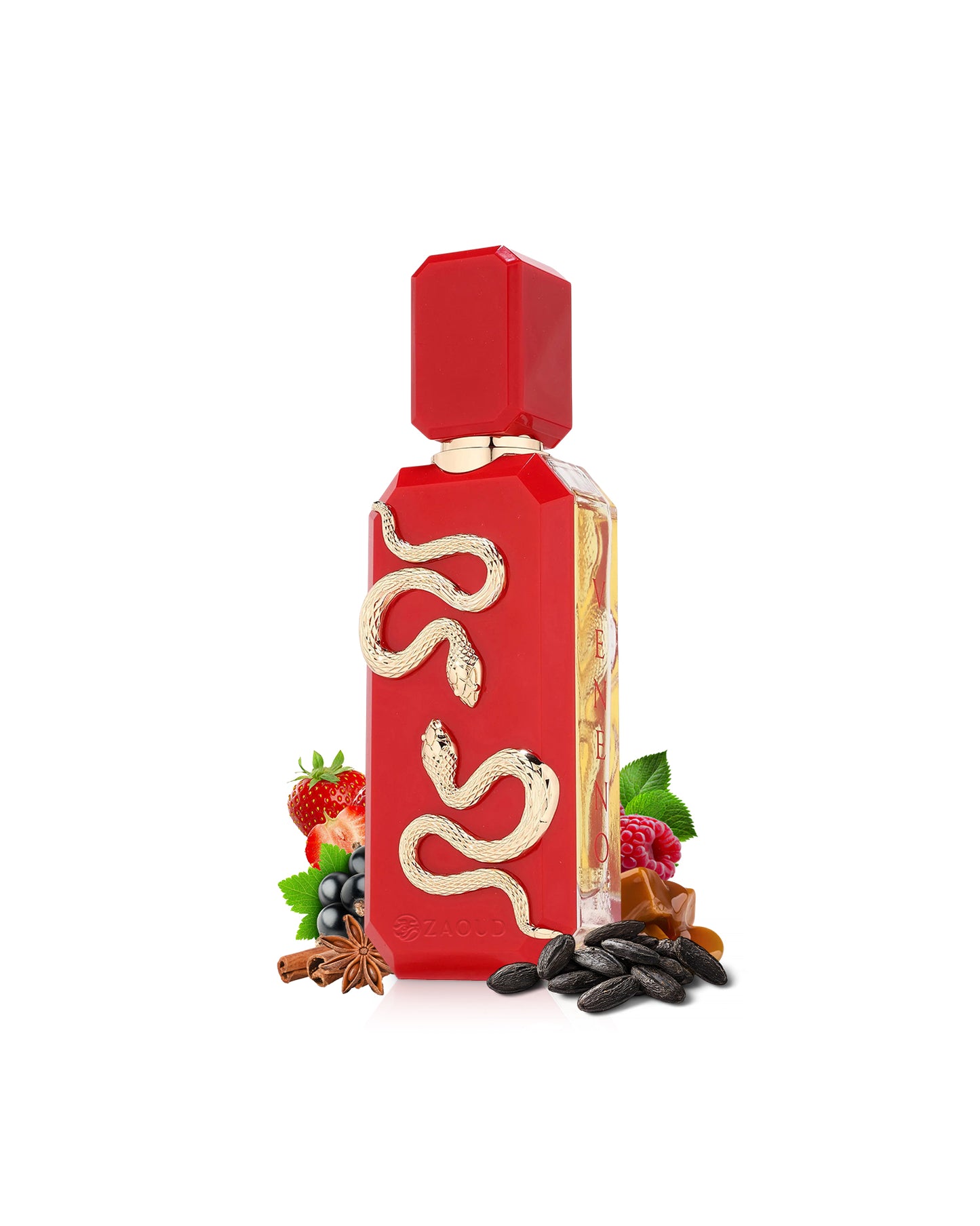 french avenue veneno scarlet red perfume bottle surrounded by fragrance notes like tonka and spices shows against white background