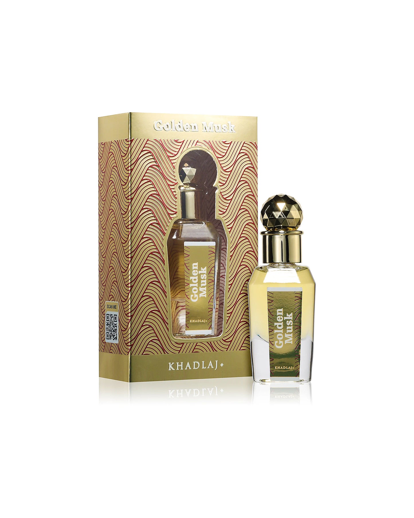 golden musk perfume oil bottle shows beside its box against white background