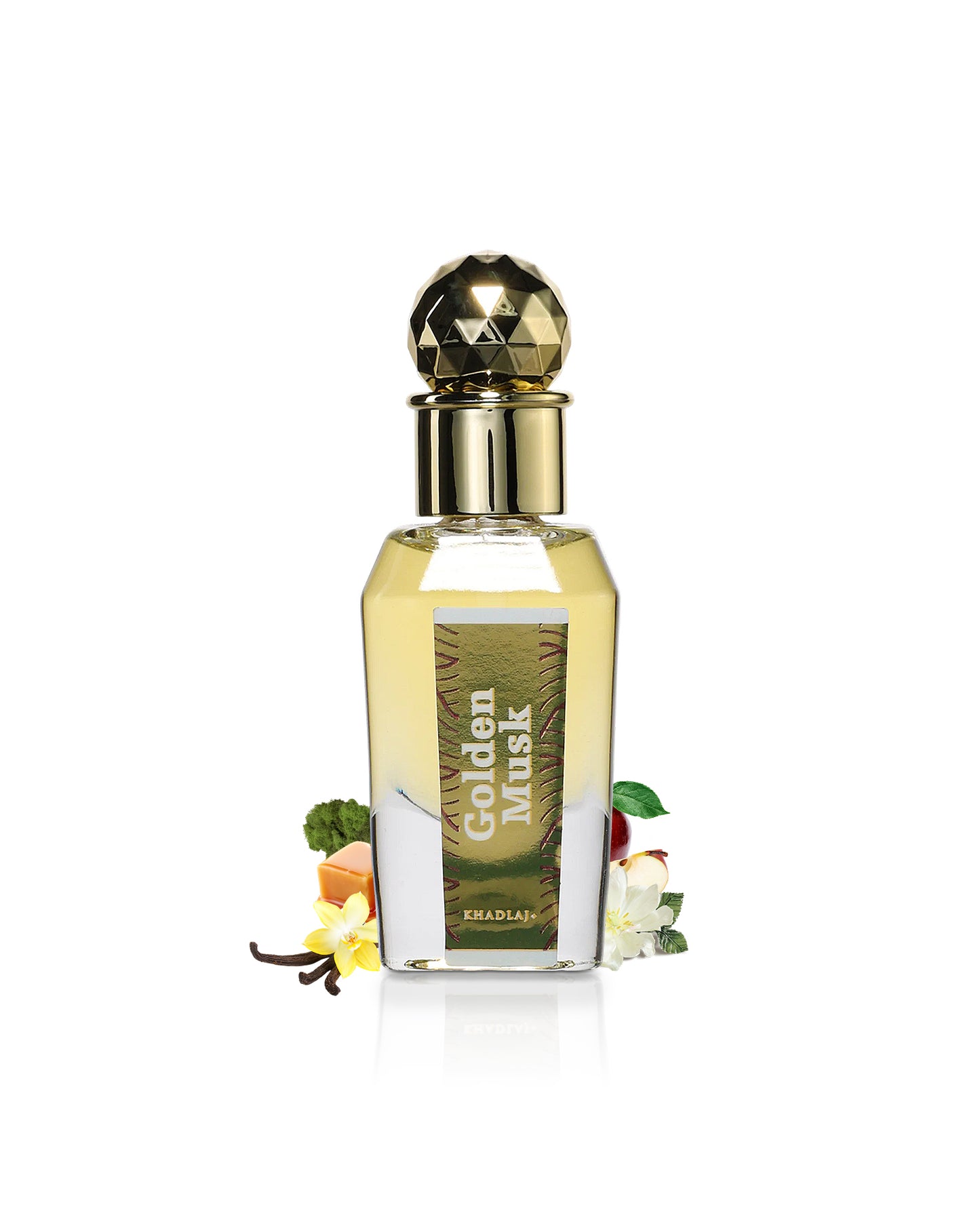 golden musk perfume oil bottle surrounded with fragrance notes like vanilla and aoole shows against white background