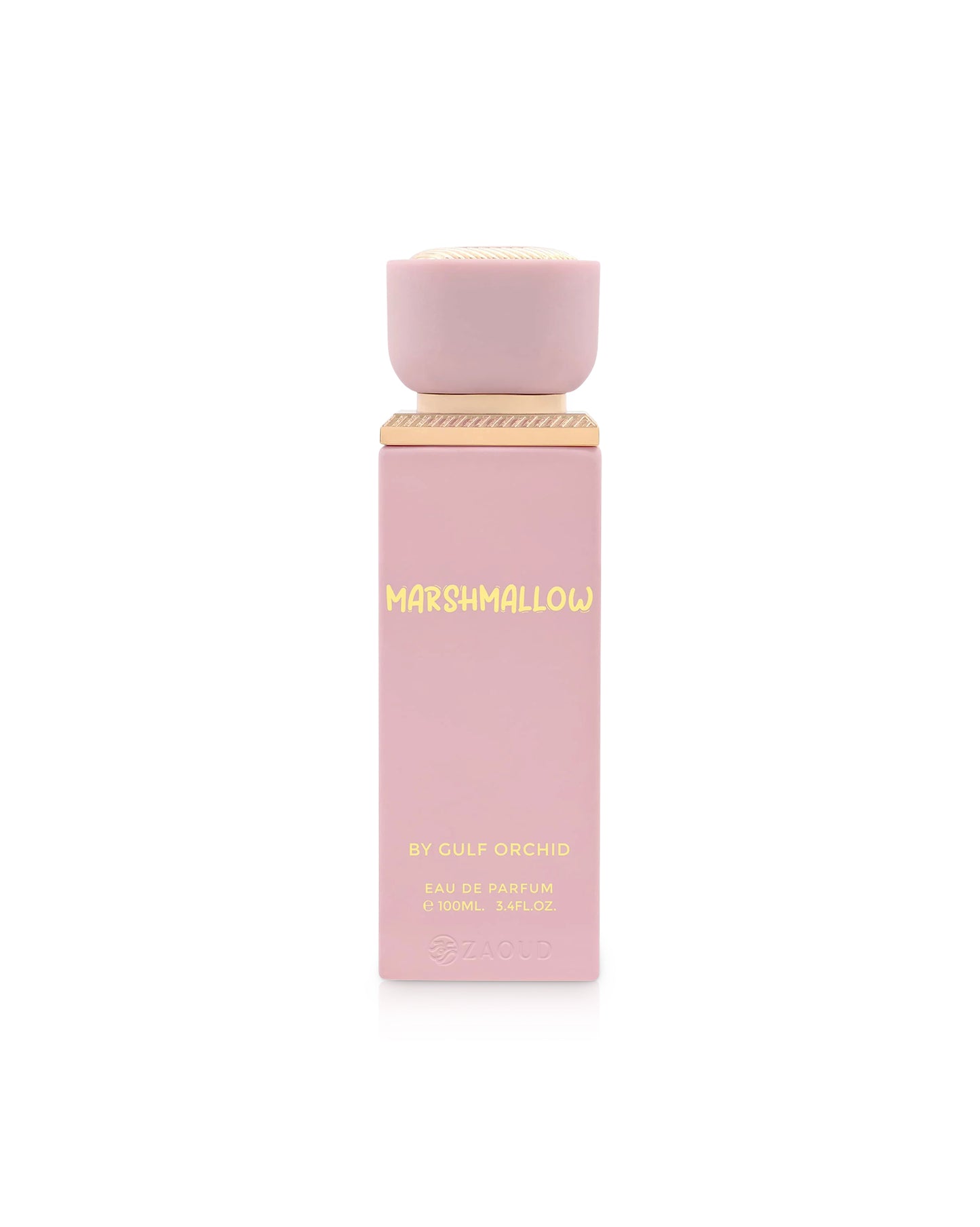 gulf orchid Pink perfume bottle with gold cap and 'Marshmallow' text on a white background