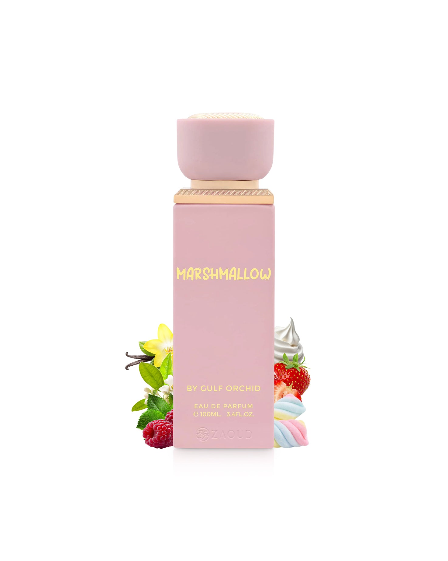 gulf orchid Pink perfume bottle surrounded by marshmallow and raspberry with 'Marshmallow' text on a white background