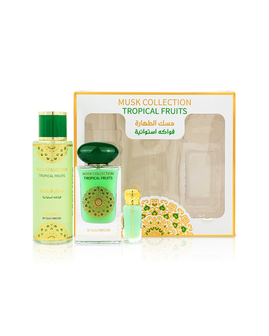 gulf orchid tropical fruits gift set with perfume bottle and perfume oil and body mist bottles shows against white background