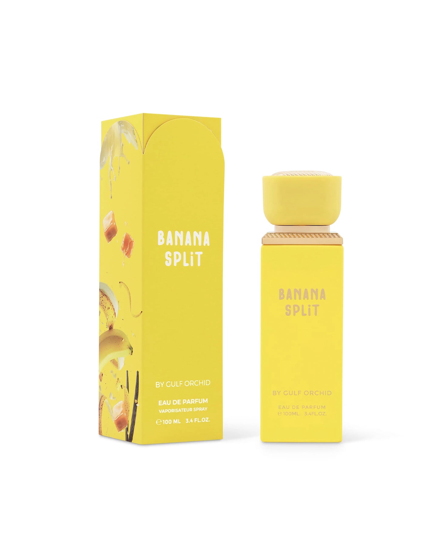 gulf orchid Yellow 'Banana Split' perfume bottle and packaging on a white background