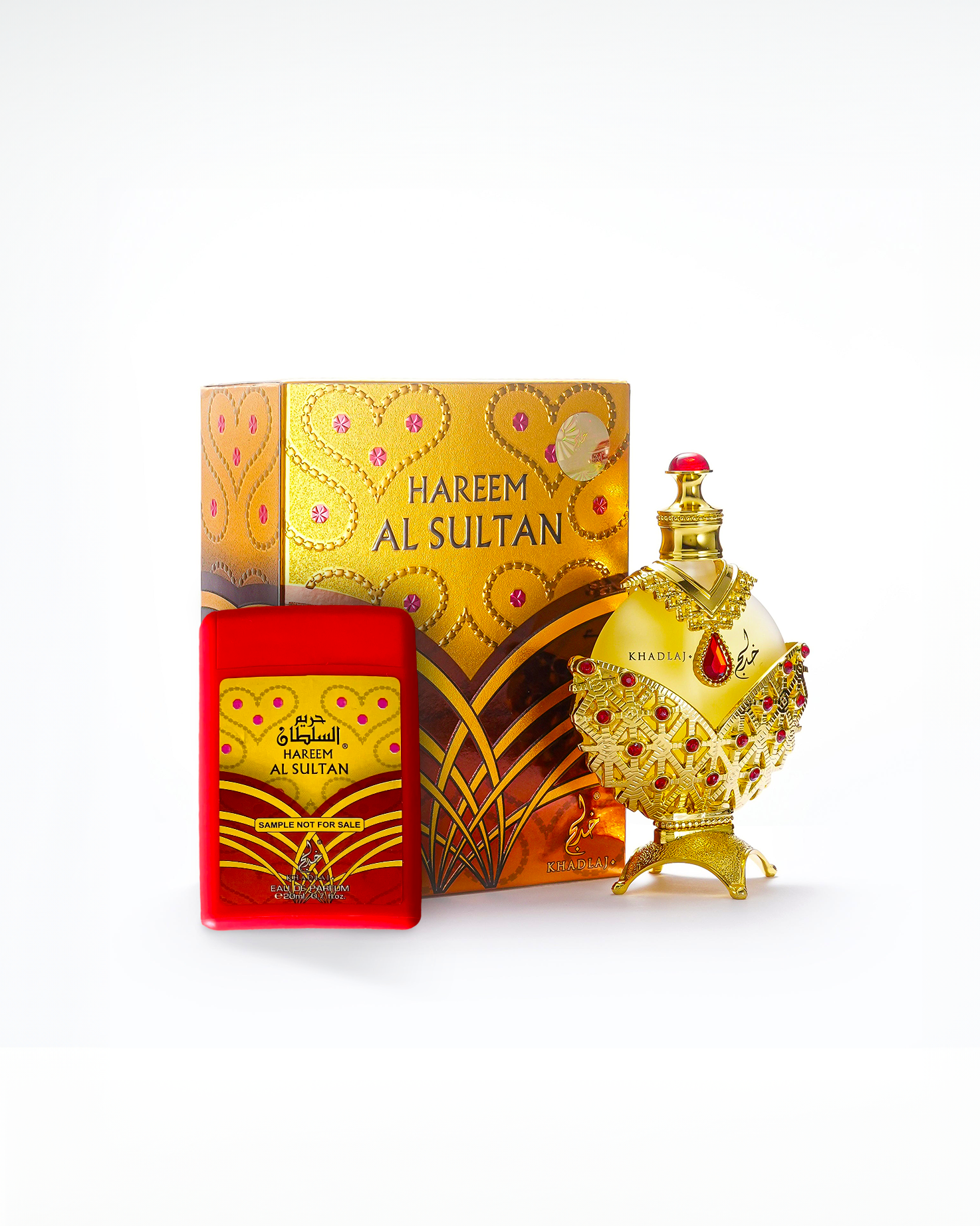 Hareem al sultan gold perfume oil bottle 20ml sample and box against white background