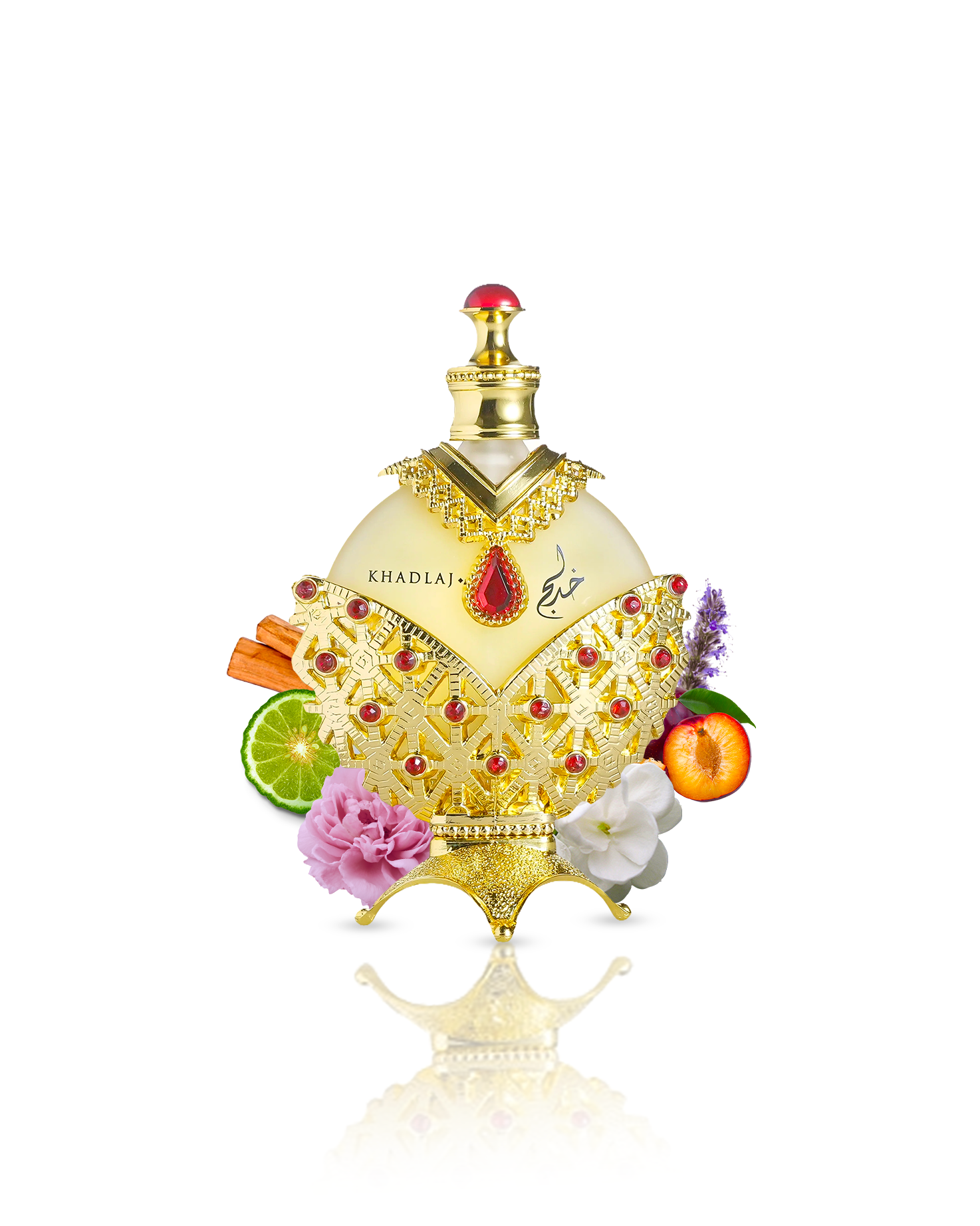Hareem al sultan gold perfume oil bottle surrounded by peach pineapple against white background