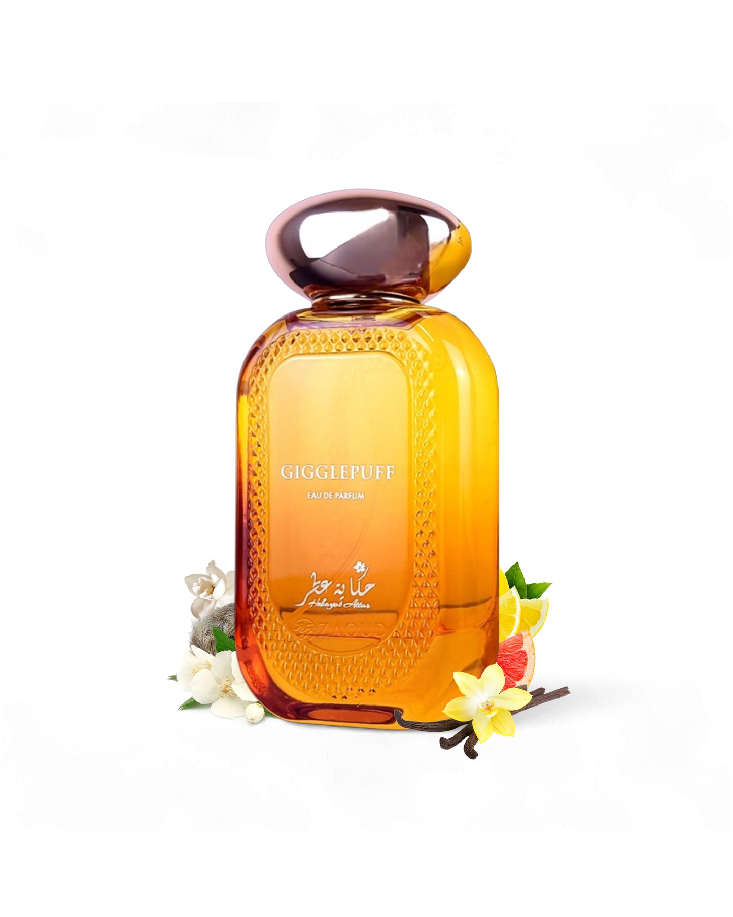hekayat attar gigglepuff perfume bottle surrounded by vanilla and jasmine shows against white background