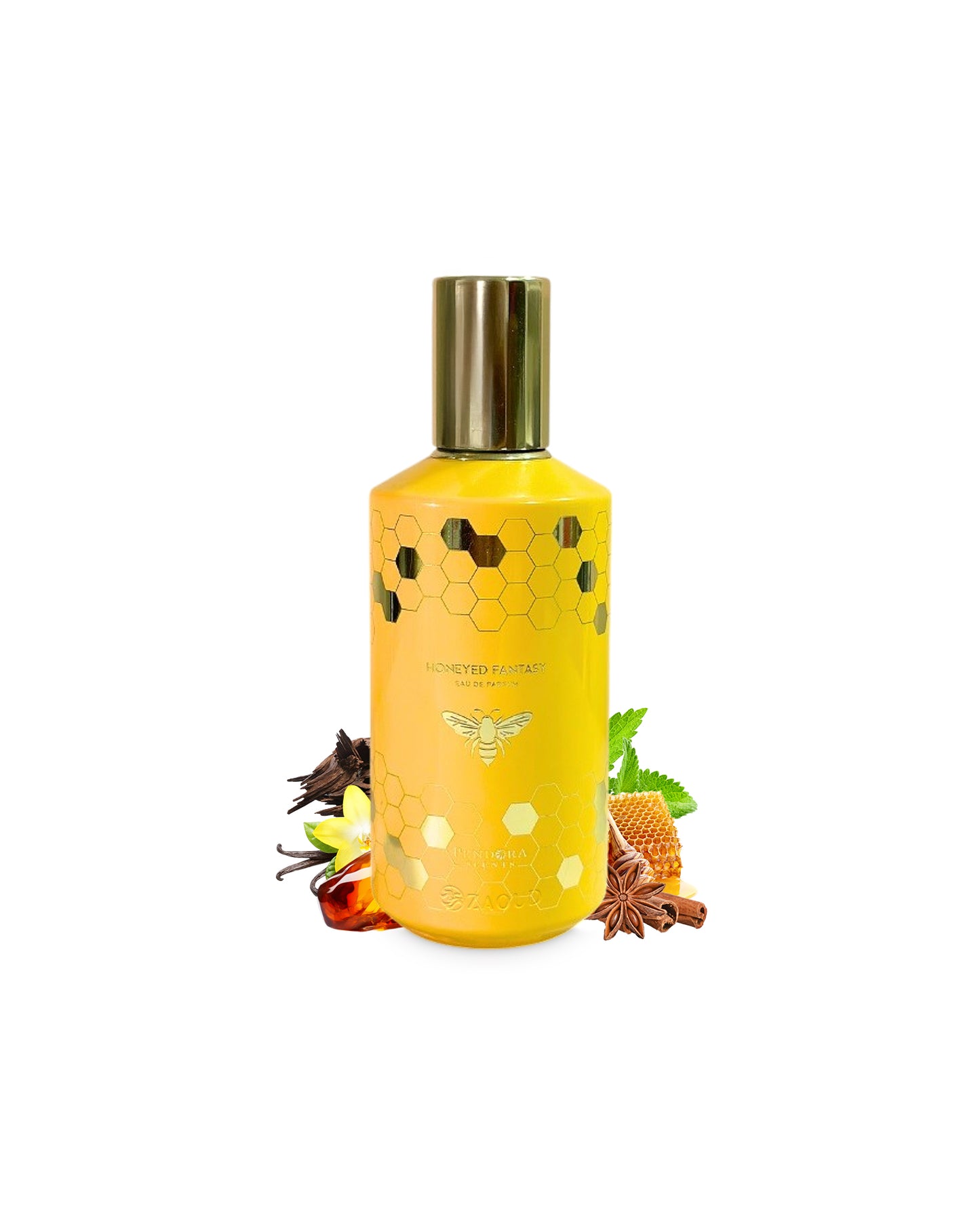 honeyed fantasy perfume bottle surrounded with fragrance notes like honey and amber shows against white background