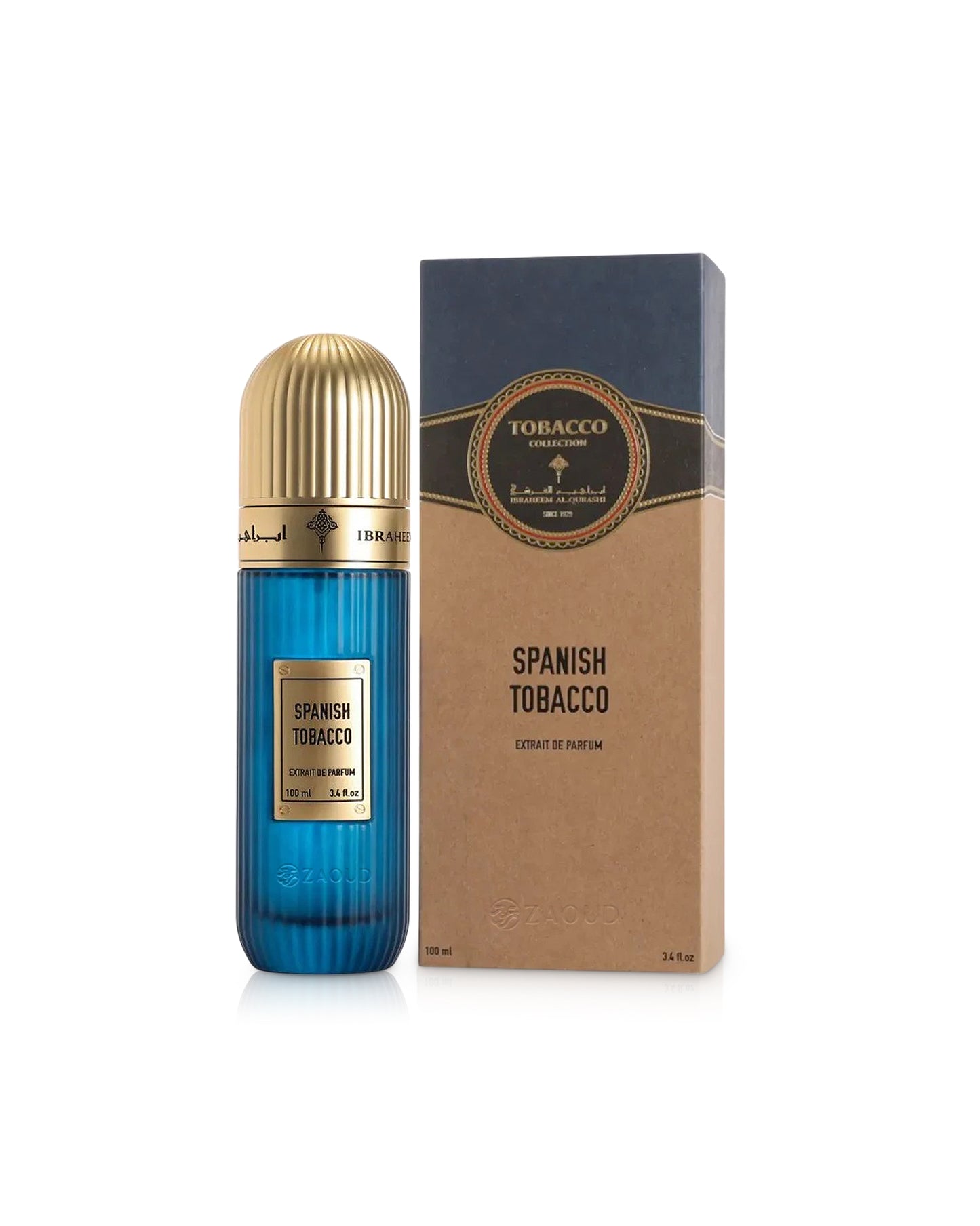 ibraheem al qurashi spanish tobacco perfume bottle beside its box shows against white background