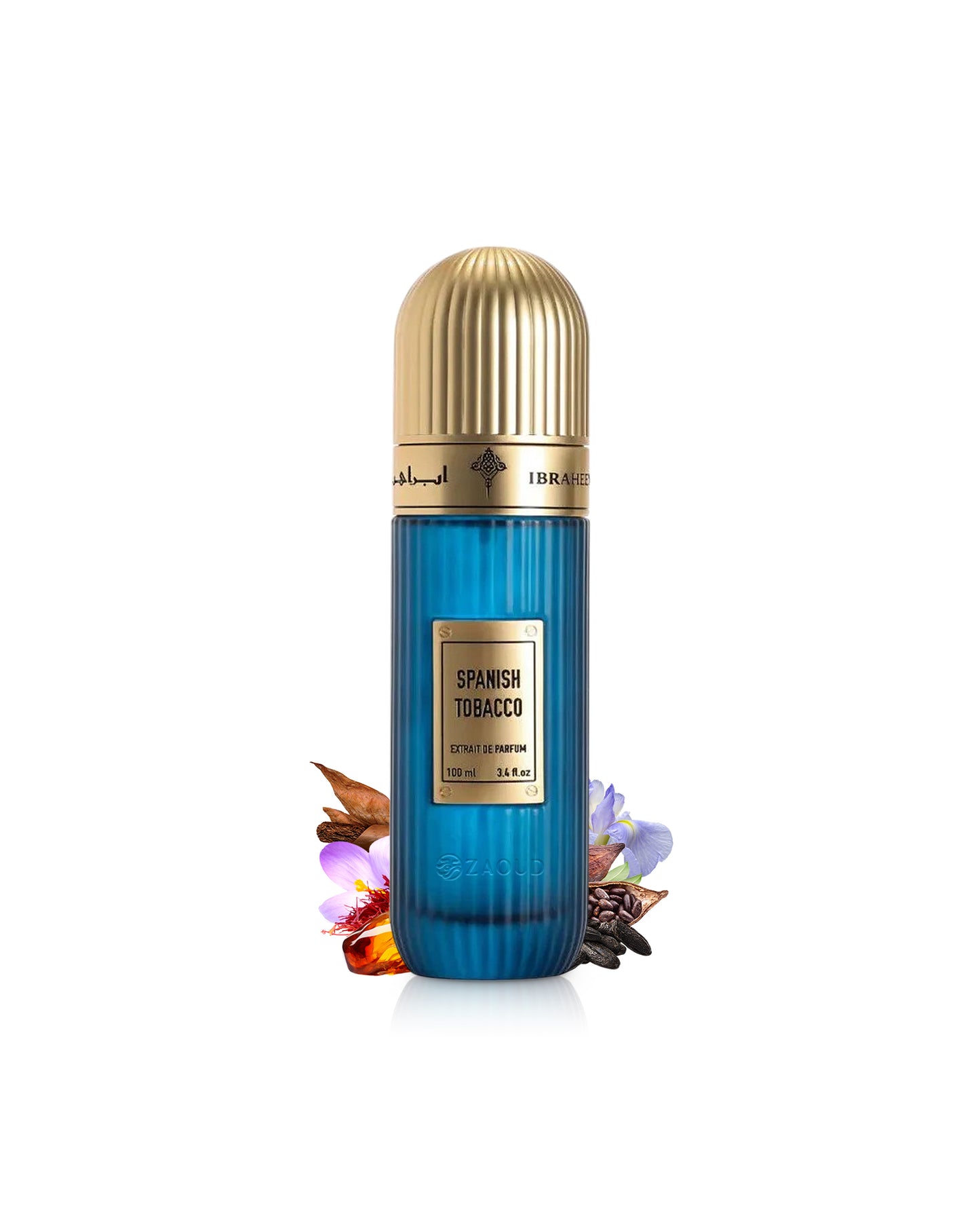 ibraheem al qurashi spanish tobacco perfume bottle surrounded with fragrance notes like amber and saffron shows against white background