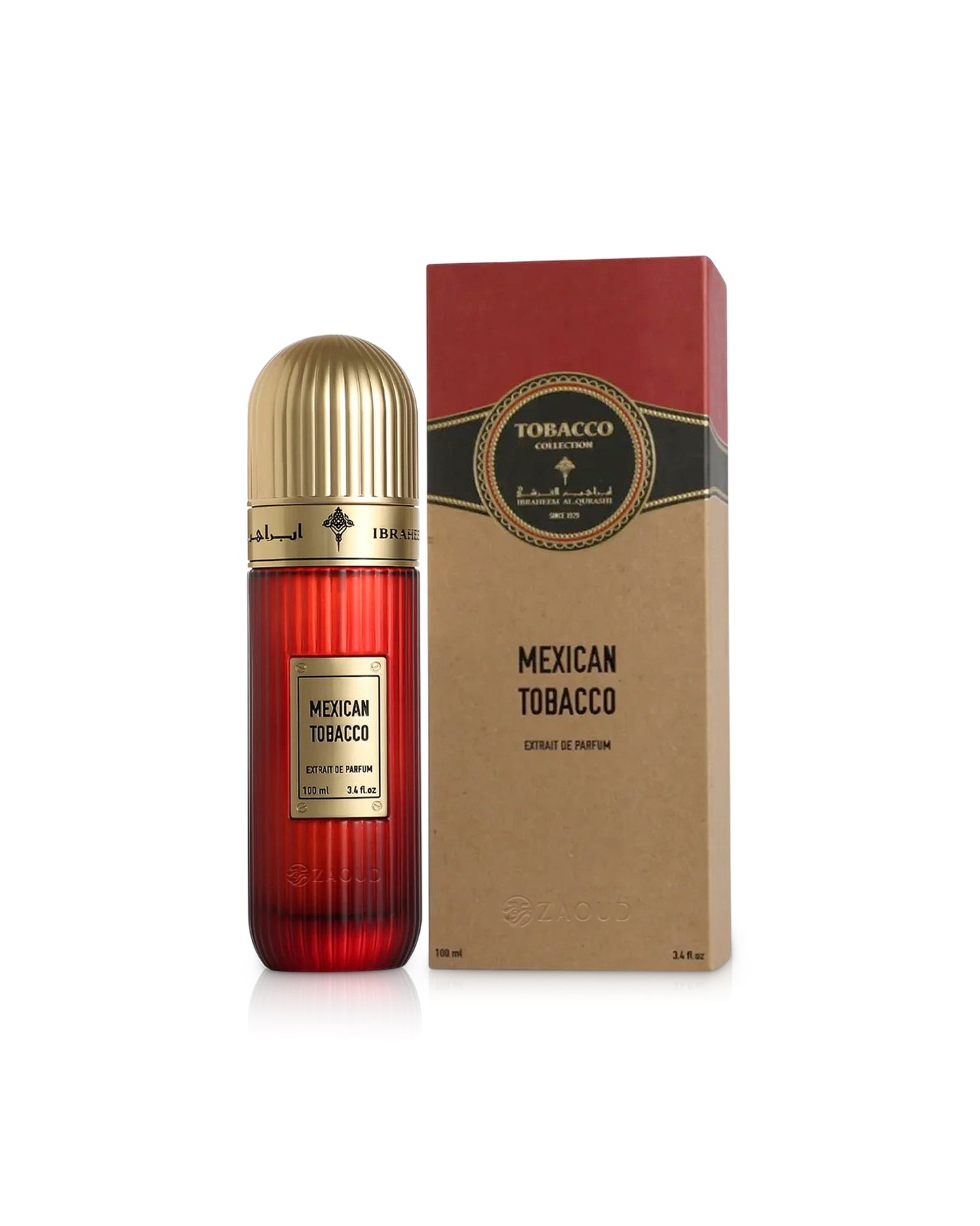 ibraheem al qurashi perfume bottle shows beside its box against white background