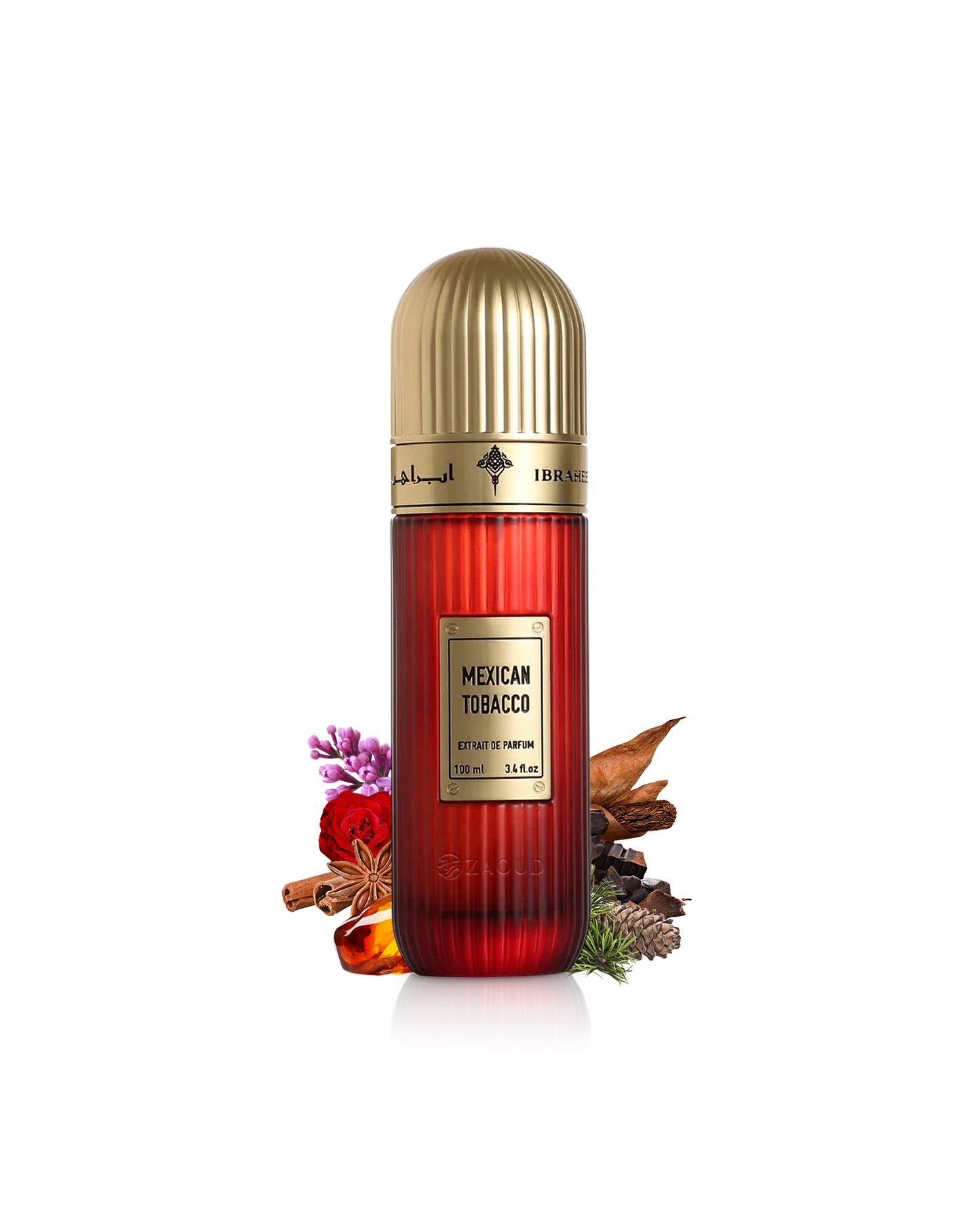 ibraheem al qurashi perfume bottle surrounded with fragrance notes like amber and tobacco shows against white background