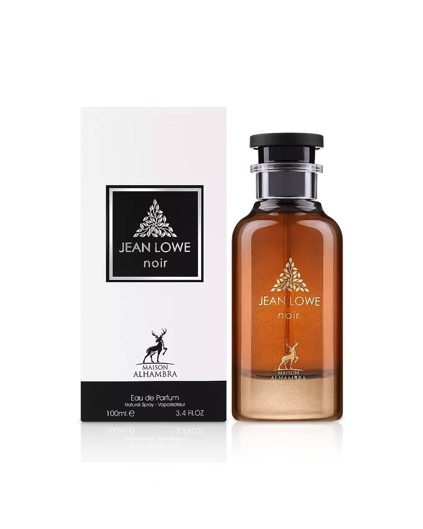 maison alhambra jean lowe noir perfume bottle shows beside its box against white bckground