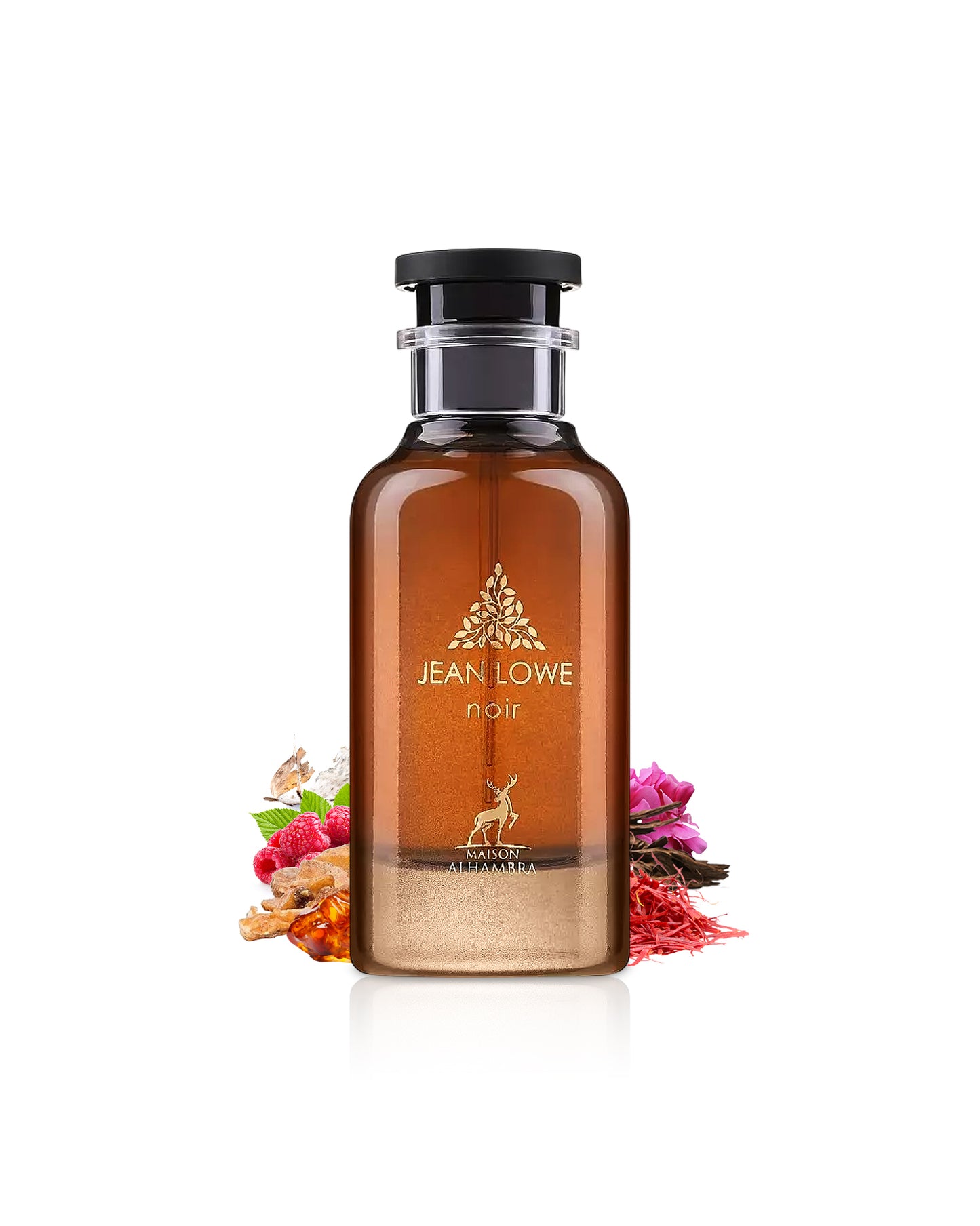 maison alhambra jean lowe noir perfume bottle surrounded with fragrance notes like amber and saffron shows from behind the bottle against white bckground