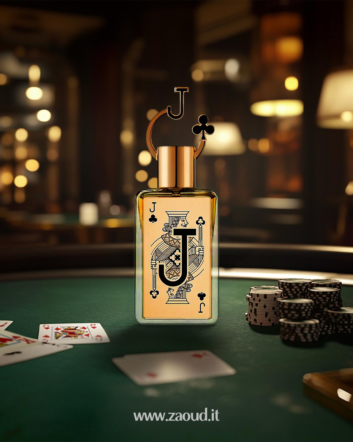Fragrance world jack of clubs design on a poker table with cards and chips.