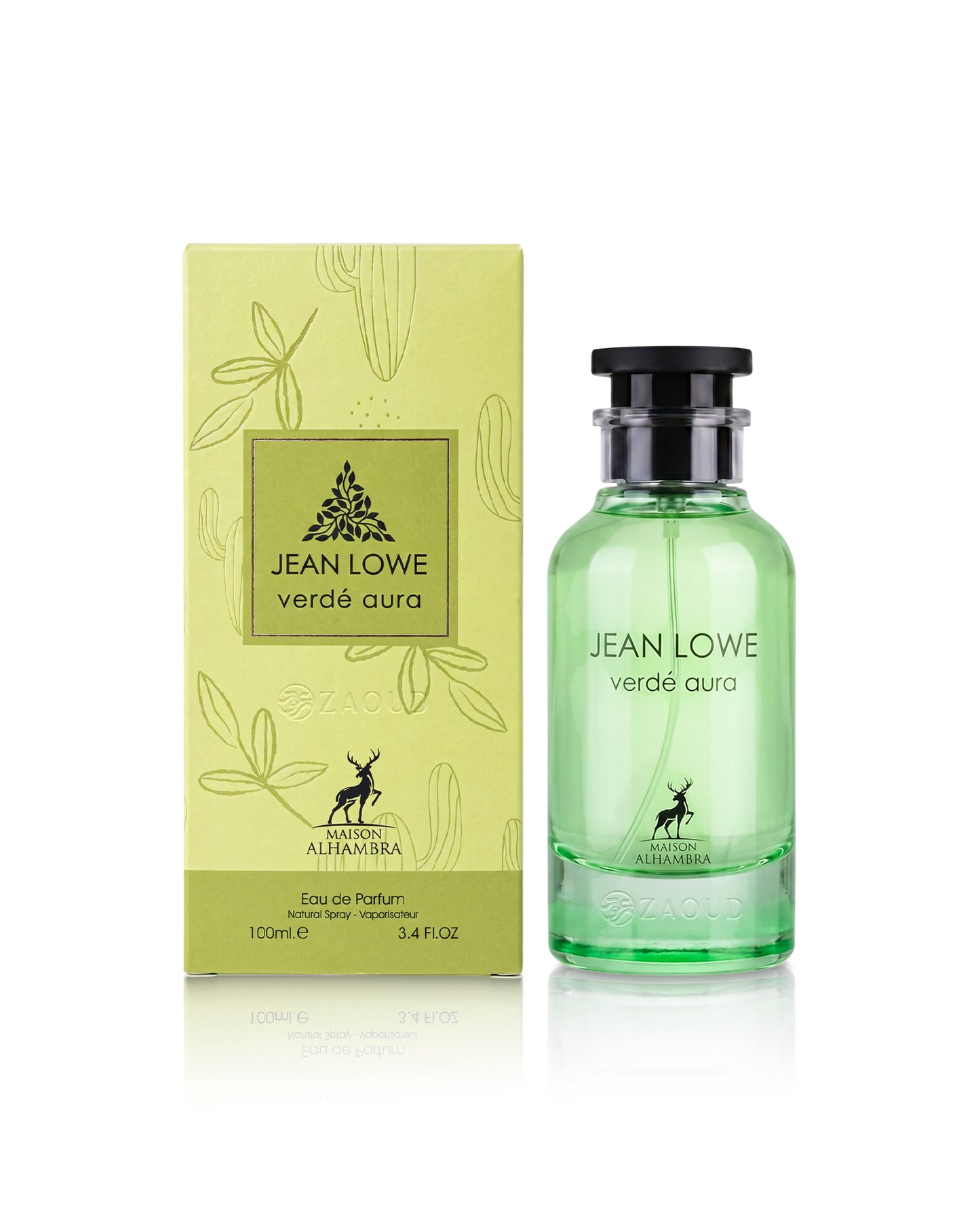 jean lowe vere aura perfume bottle shows beside its packaging against white background