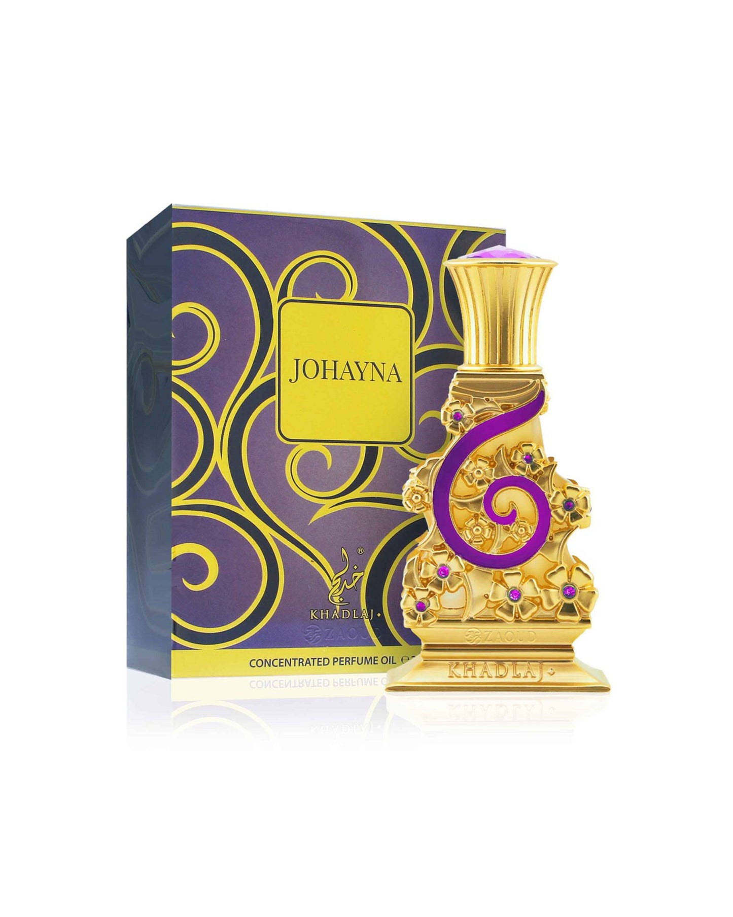 johayna purple perfume oil bottle shows beside its box against white background