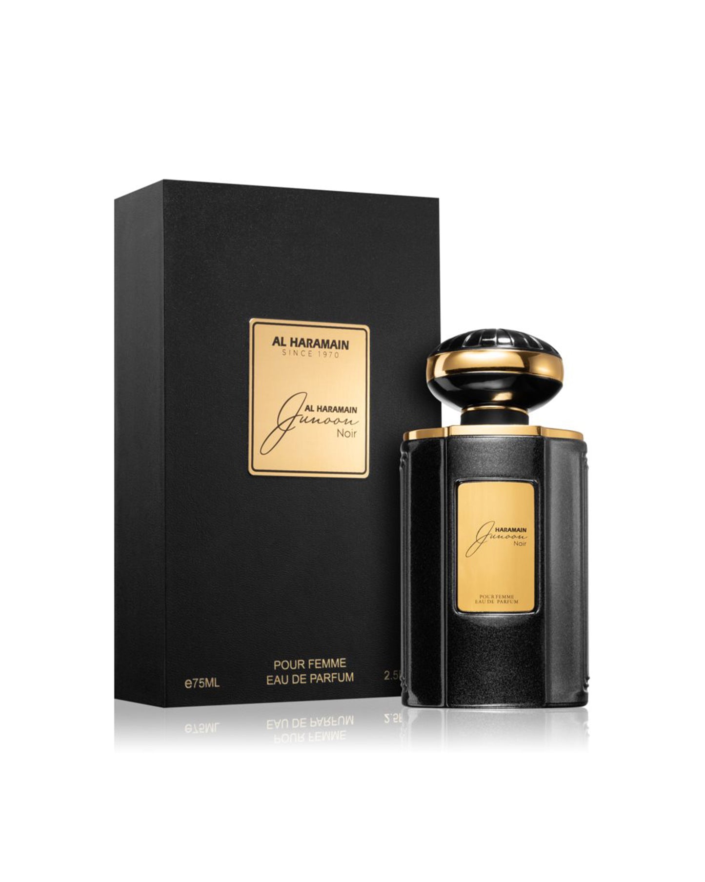 Junoon noir edp perfume bottle and box against white background