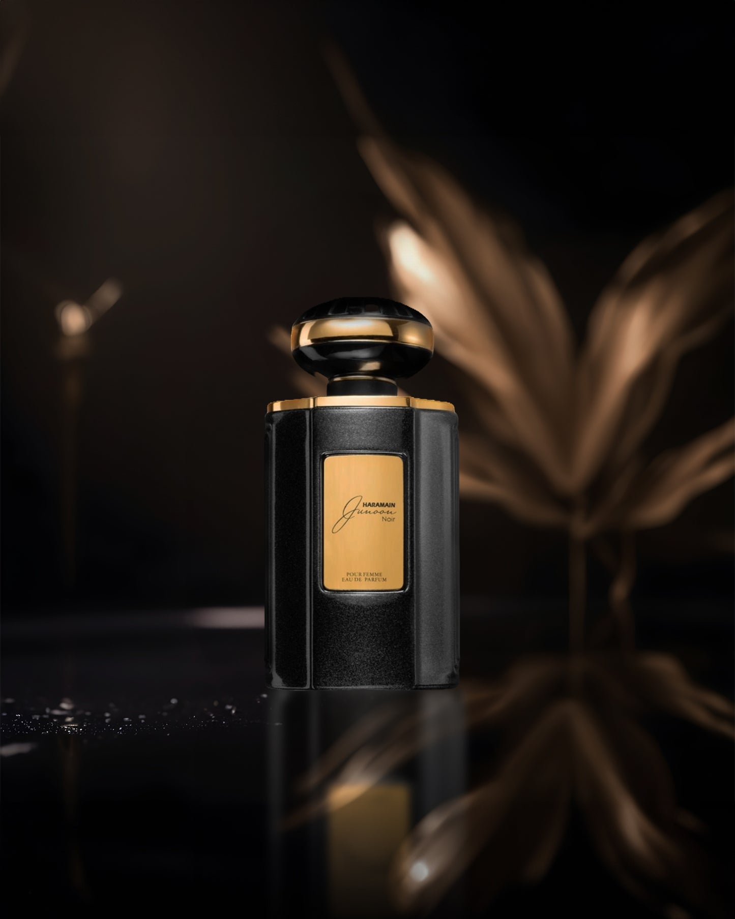 Junoon noir edp perfume bottle photograph agaist darkish background