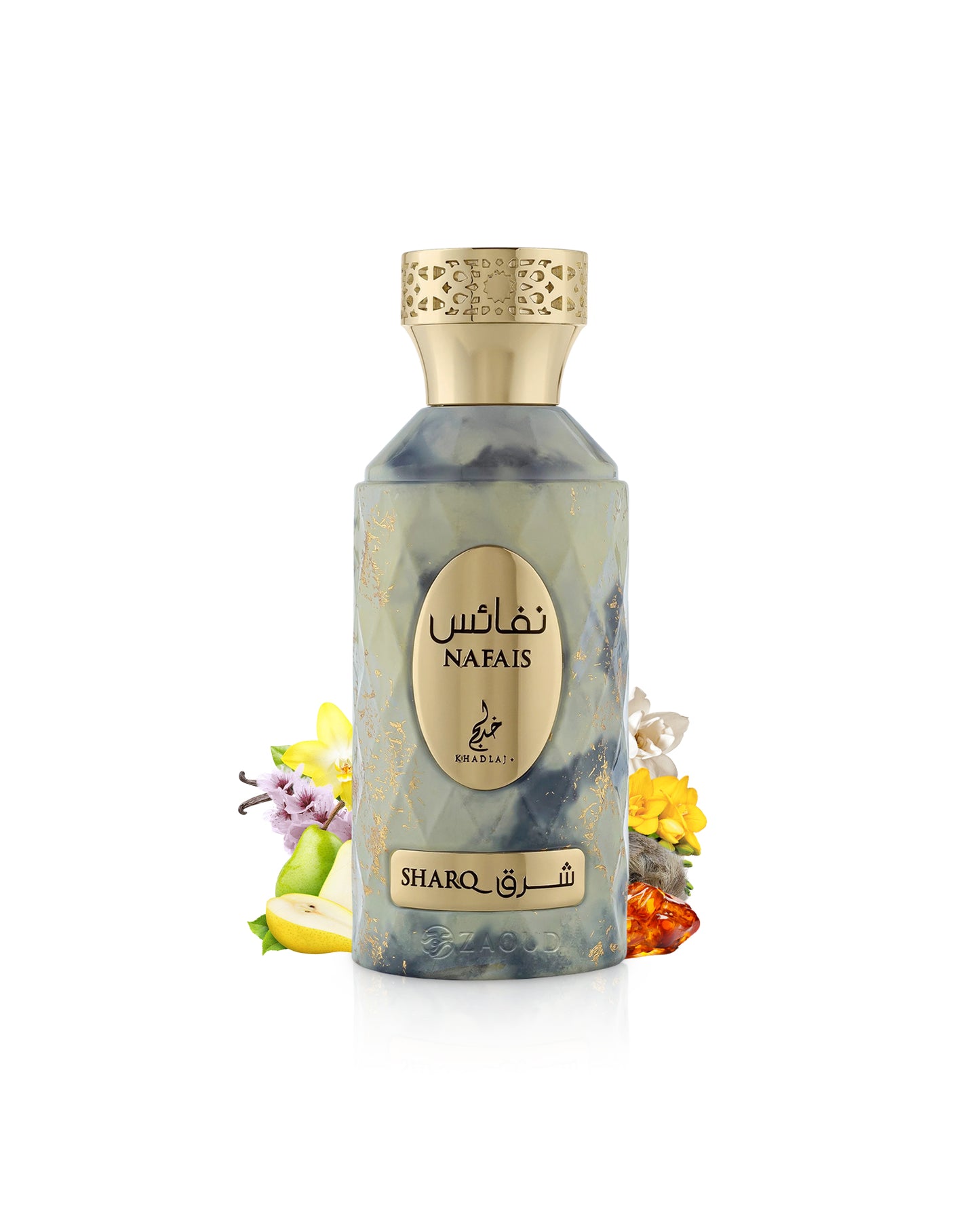khadlaj nafais sharq Bottle of Nafais Shara perfume with floral decorations like amber and pear on a white background