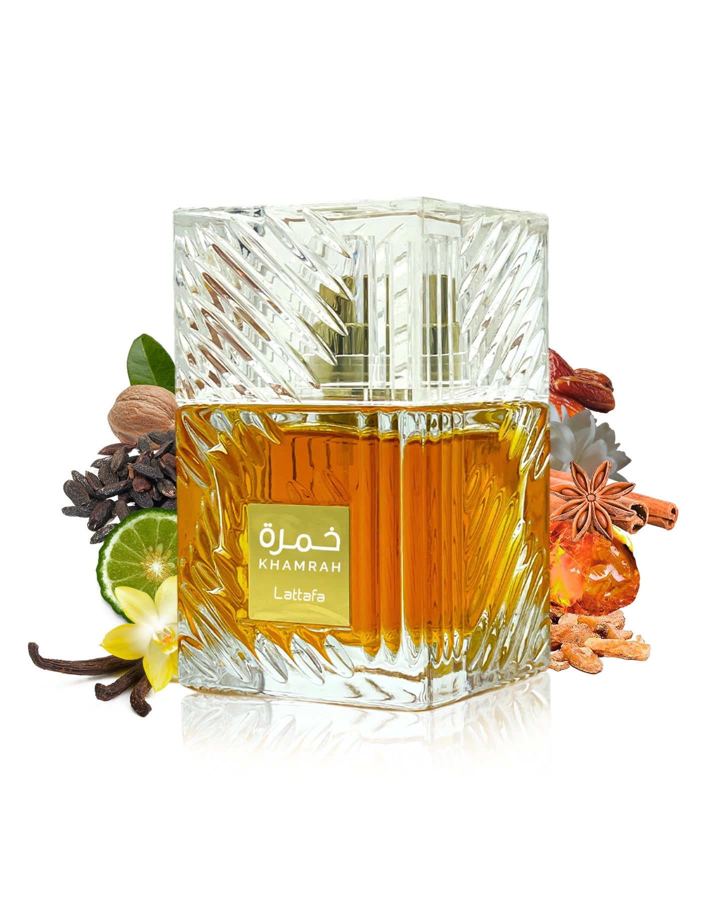 KHAMRAH EAU DE PARFUM perfume bottle surrounded by its ingredients like vanilla and amber against white background