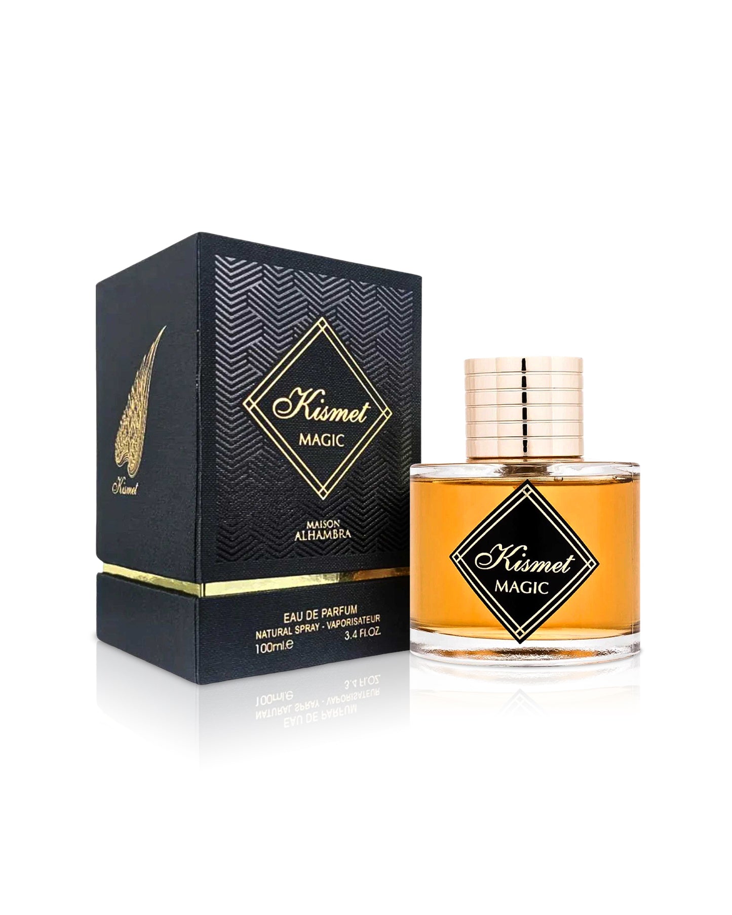maison alhambra new kismet magic perfume bottle shows beside its box against white background