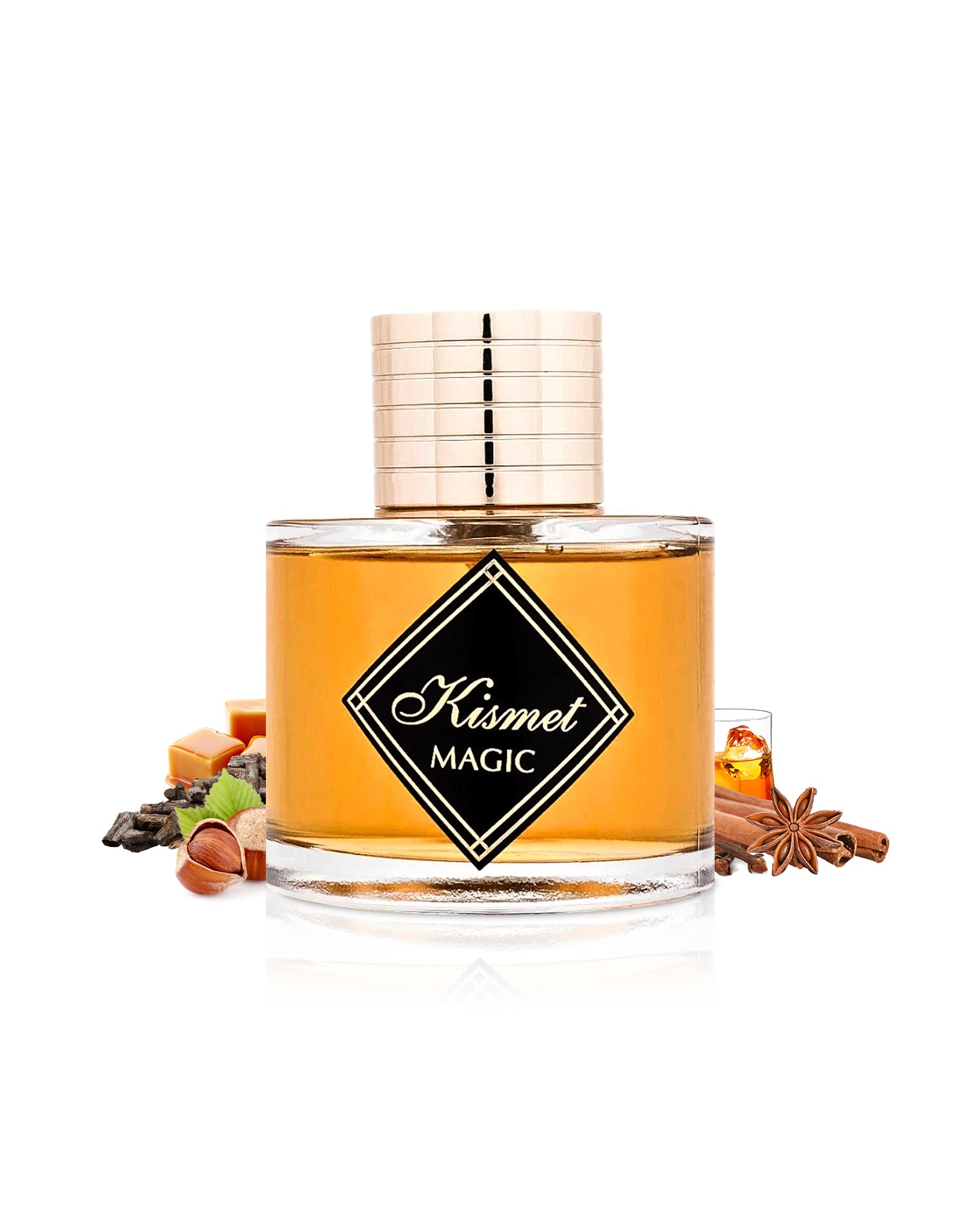 maison alhambra new kismet magic perfume bottle surrounded with its ingredients like caramel and cinnamon with many others like whiskey shows from behind the bottle against white background