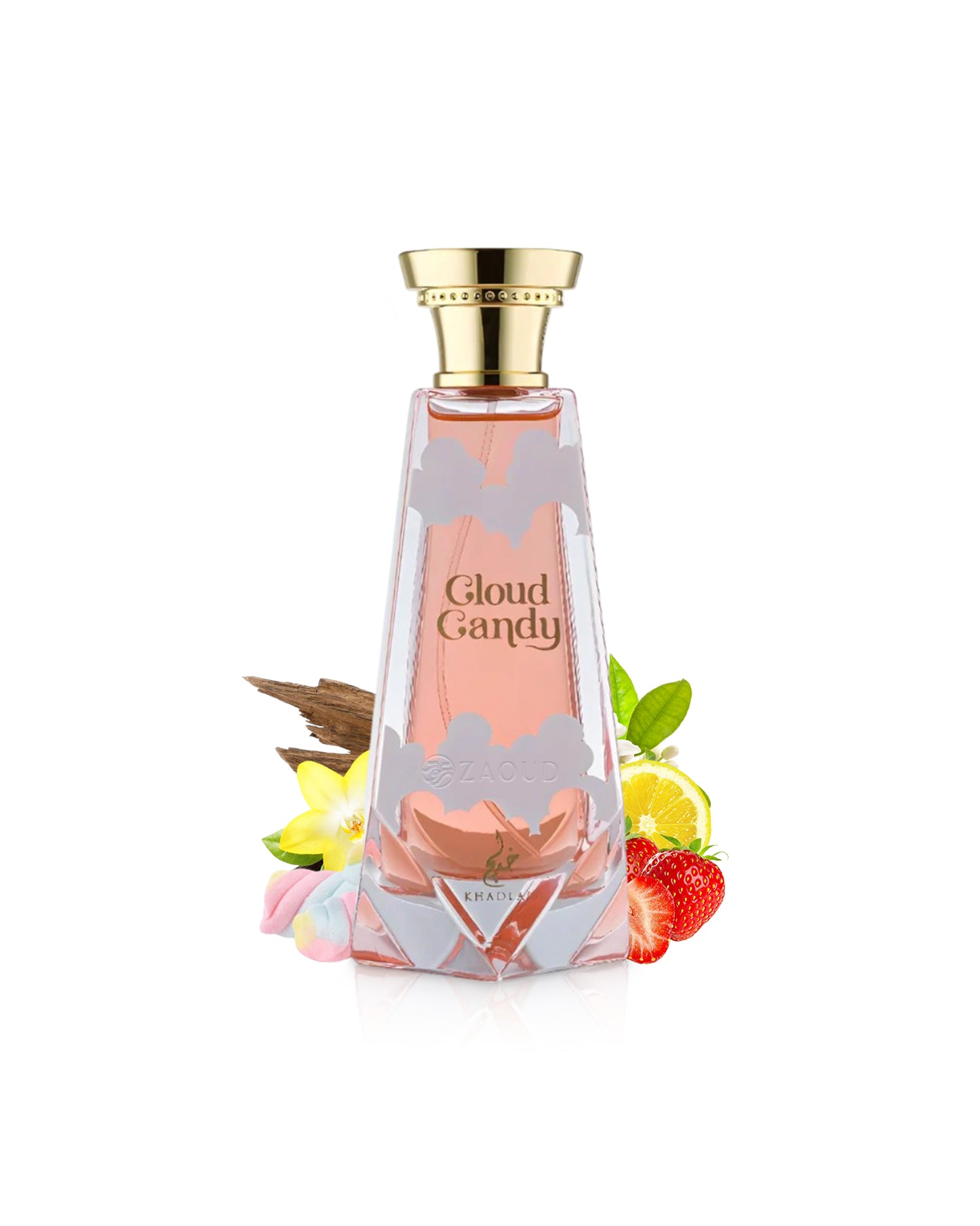 khadlaj cloud candy Perfume bottle labeled 'Cloud Candy' with decorative elements like strawberry and marshmallow on a white background
