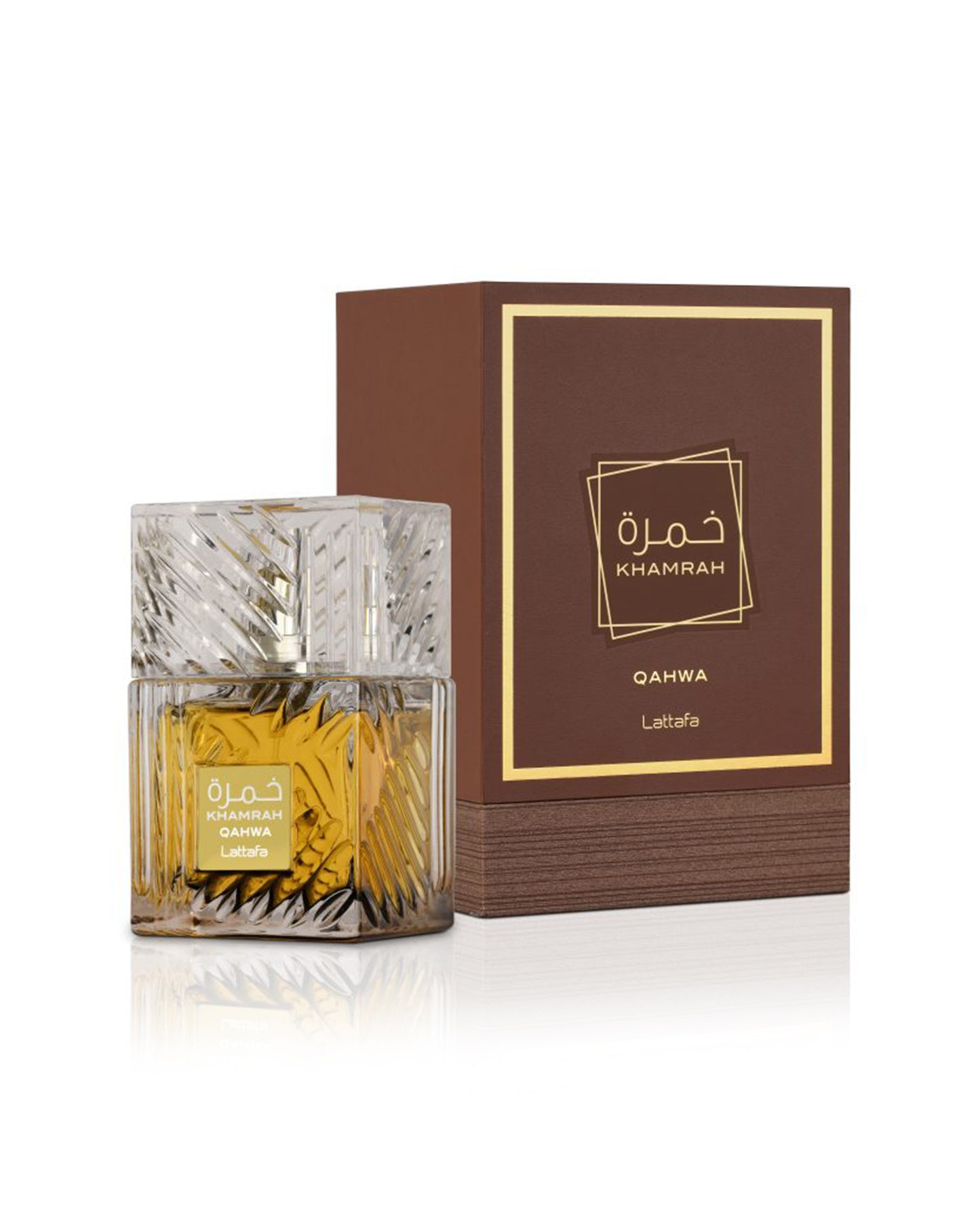 Khamrah Qahwa edp perfume bottle an box against white background