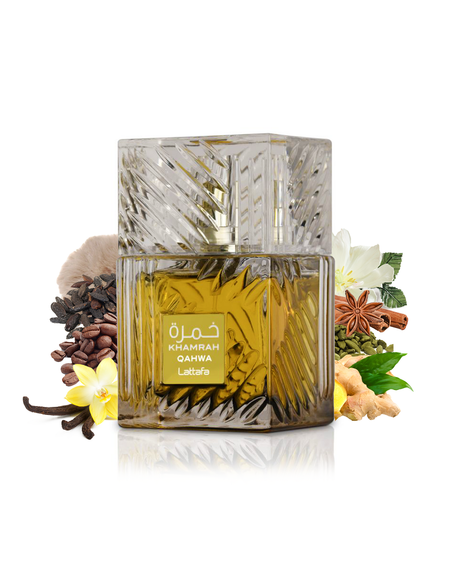 Khamrah Qahwa edp perfume bottle surrounded by vanilla coffe against white background