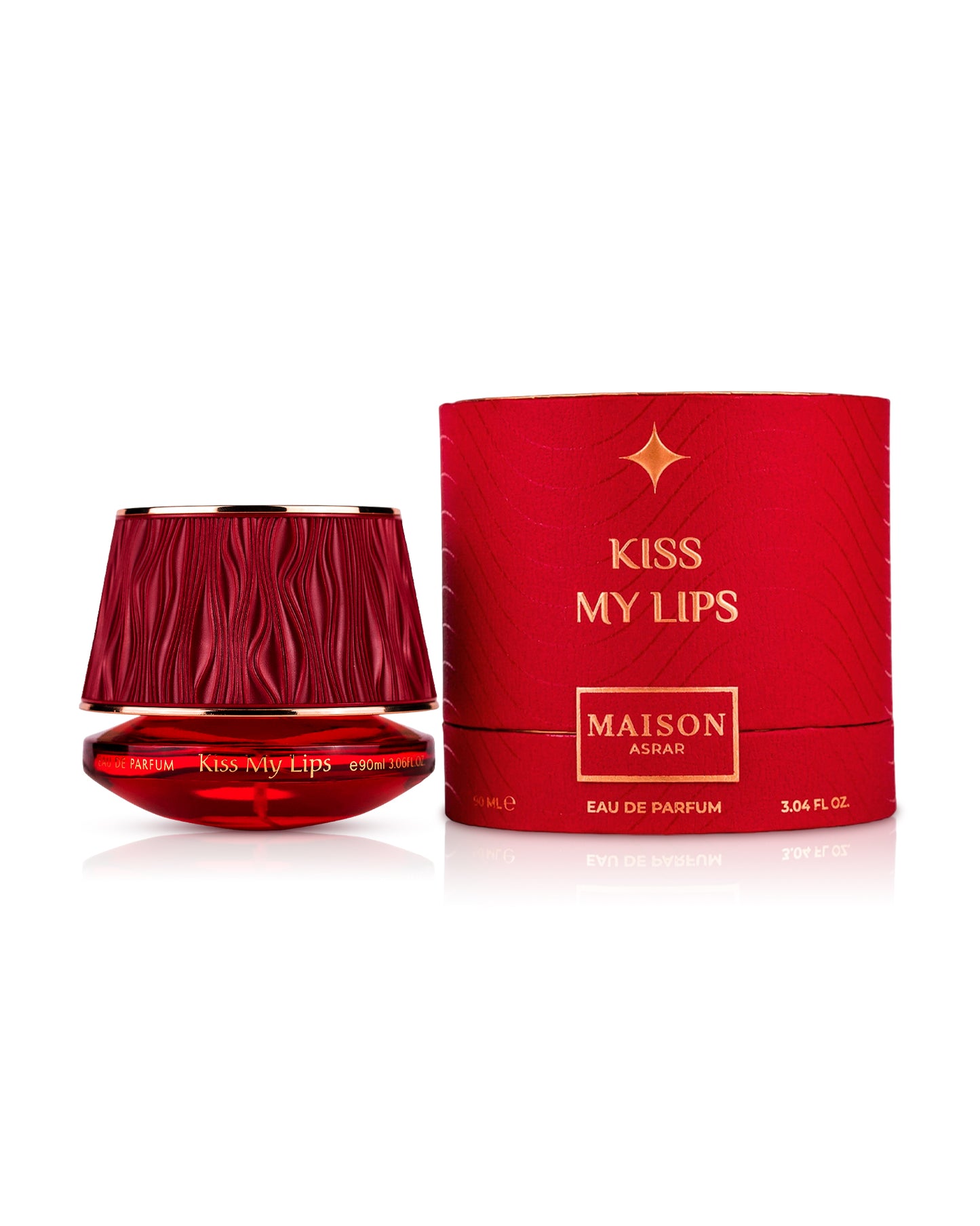 MAISON ASRAR kiss my lips perfume bottle and packaging with 'Kiss My Lips' text on a white background