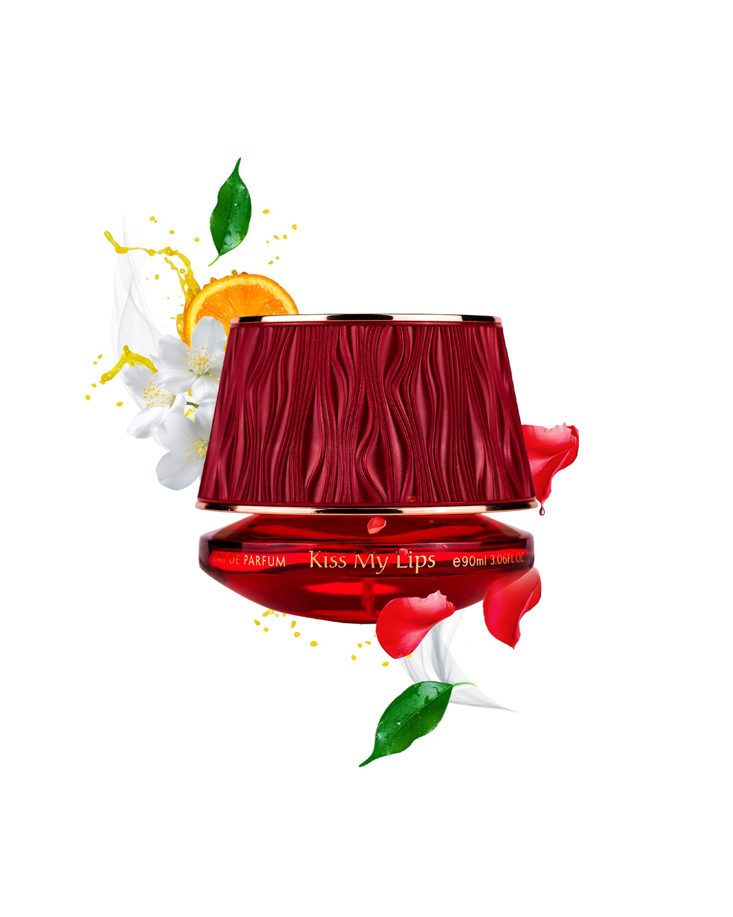 MAISON ASRAR kiss my lips perfume bottle with floral and fruit elements on a white background