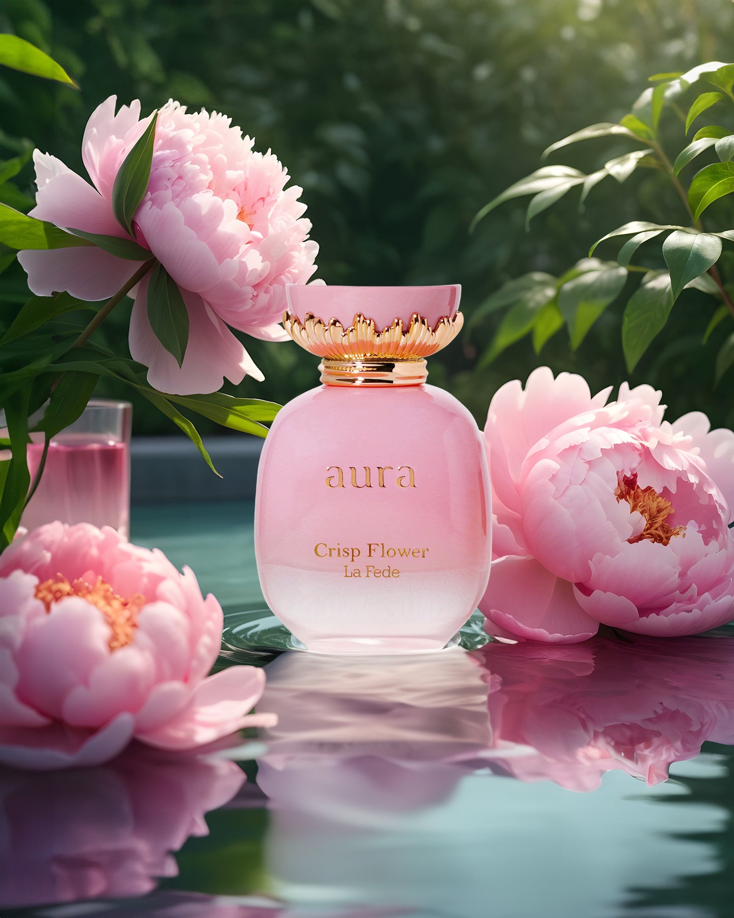 LA FEDE AURA crisp flower Pink 'aura' perfume bottle photograph with flowers on a reflective surface