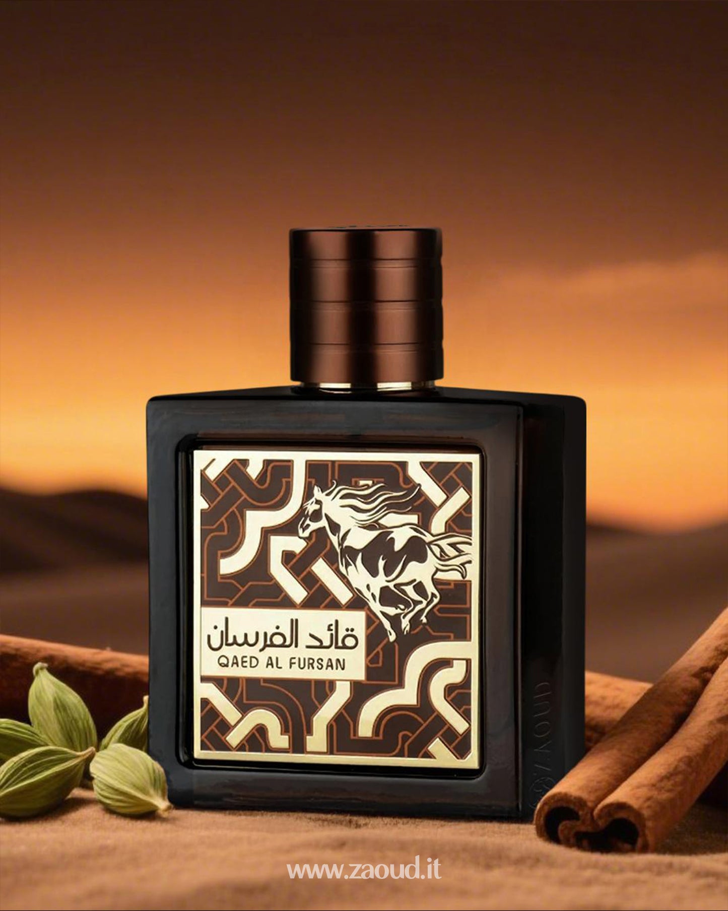 Lattafa Qaed Al Fursan perfume bottle featuring a bold design with a golden horse emblem, set against a desert landscape with cardamom pods and cinnamon sticks, capturing an earthy, warm ambiance
