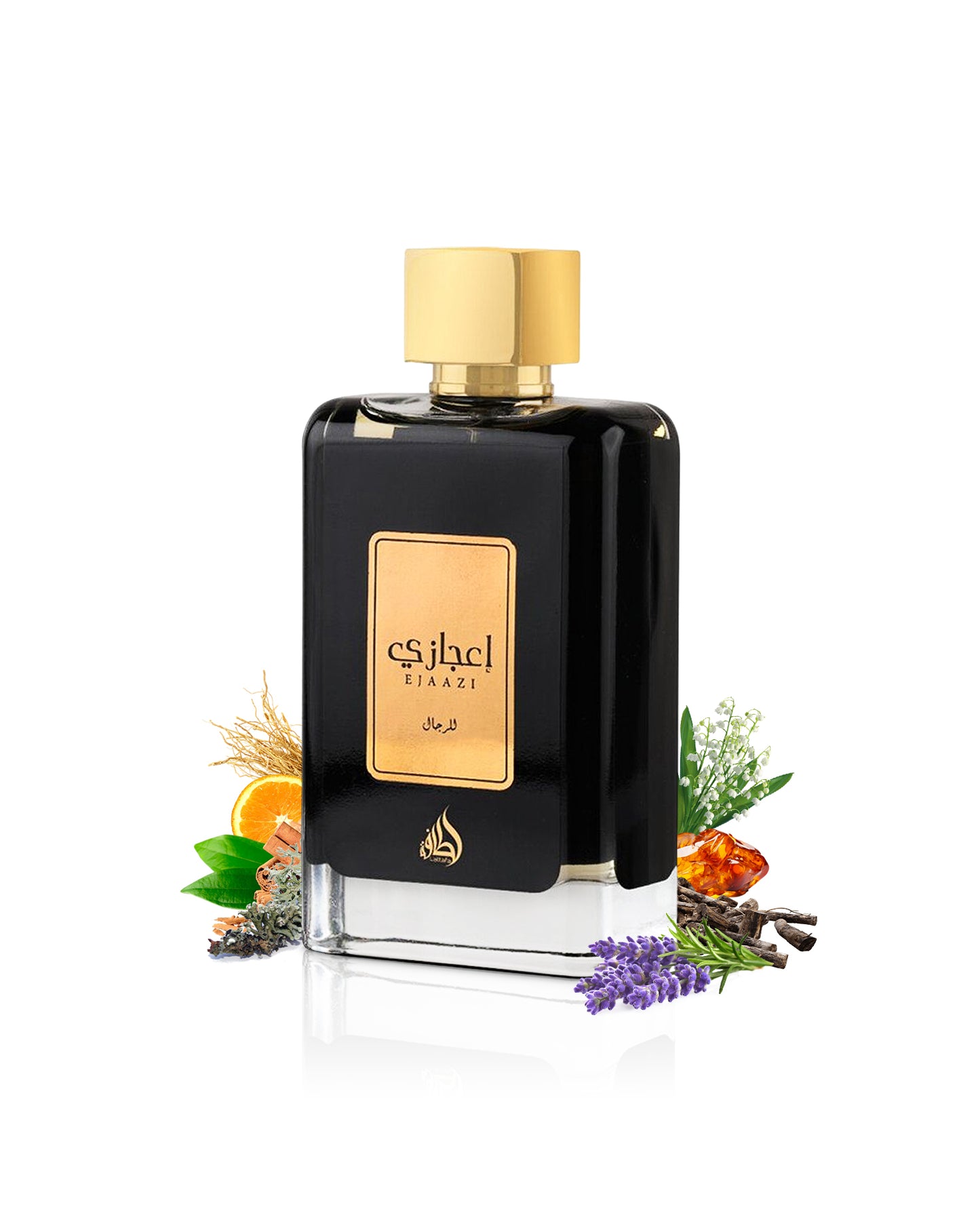 lattafa ejaazi perfume bottle surrounded with its ingredients like citrus and amber with many others like lavender and jasmine shows from behind the bottle against white background