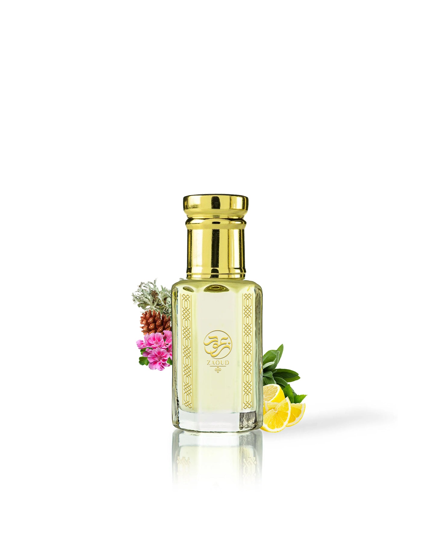 LEEUWIN perfume oil bottle surrounded with fragrance notes like lemon and moss shows against white background