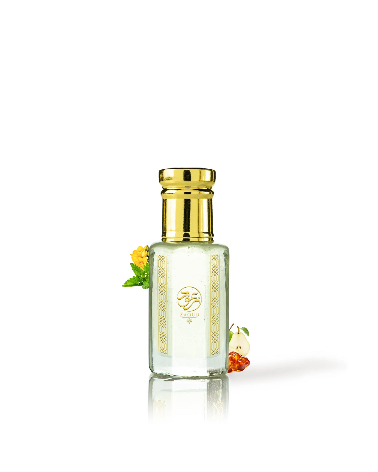 LUSIA English Pear Perfume oil bottle surrounded with fragrance notes like amber and pear aGAINST WHITE BACKGROUND