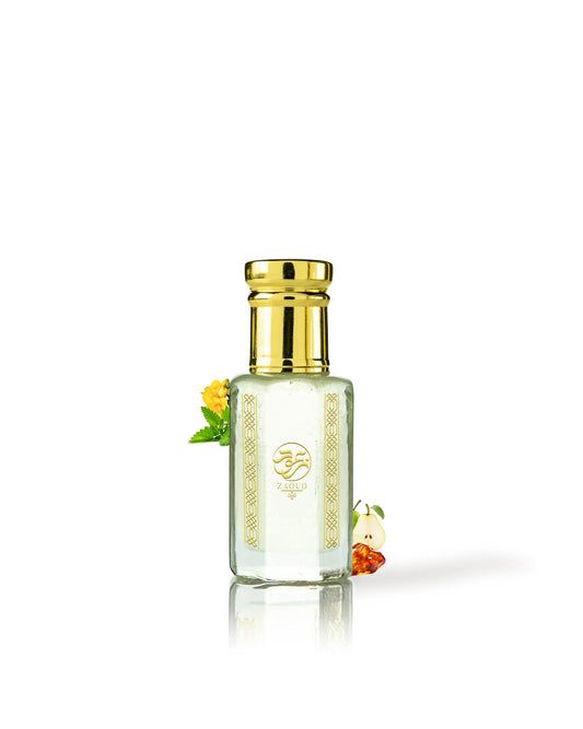 LUSIA English Pear Perfume oil bottle surrounded with fragrance notes like amber and pear aGAINST WHITE BACKGROUND