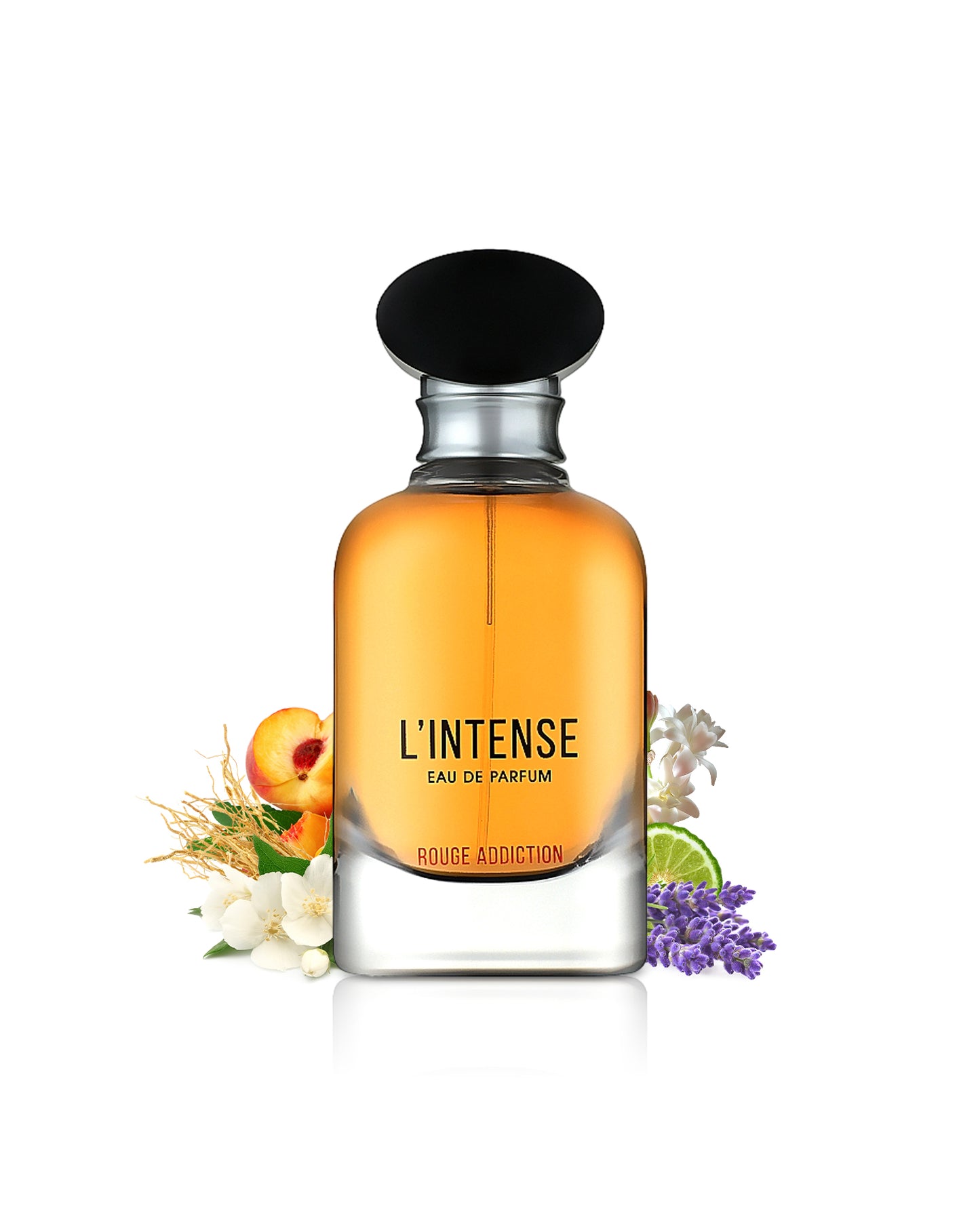 MAISON ALHAMBRA L'INTENSE ROUGE ADDICTION PERFUME BOTTLE SURROUNDED WITH ITS INGREDIENTS LIKE PEACH AND CITRUS WITH MANY OTHERS SHOWS FROM BEHIND THE BOTTLE AGAINST WHITE BACKGROUND