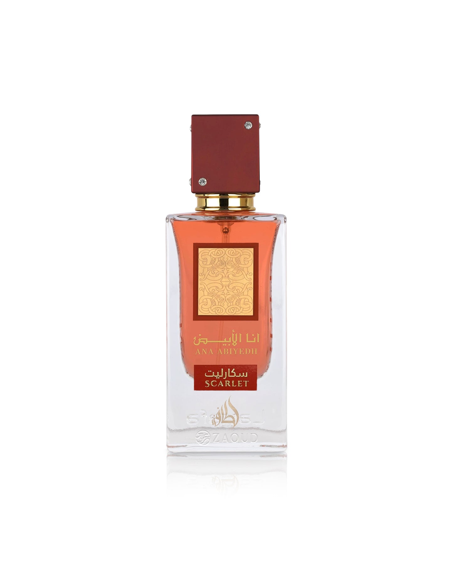 lattafa ana abiyedh scarlet Perfume bottle with red cap and gold accents on a white background