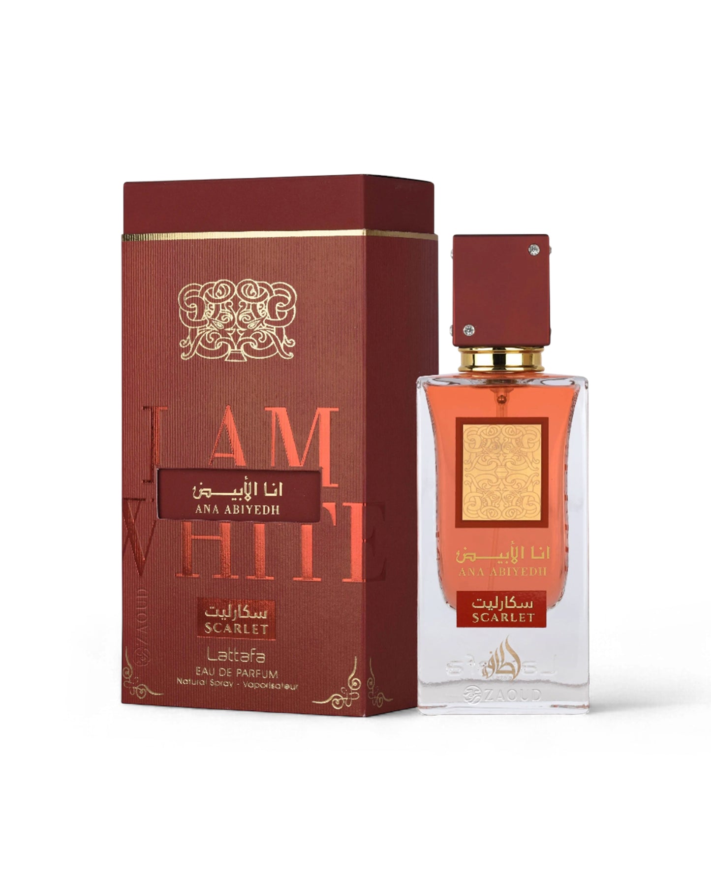 lattafa ana abiyedh scarlet Perfume bottle and packaging with gold and red design on a white background