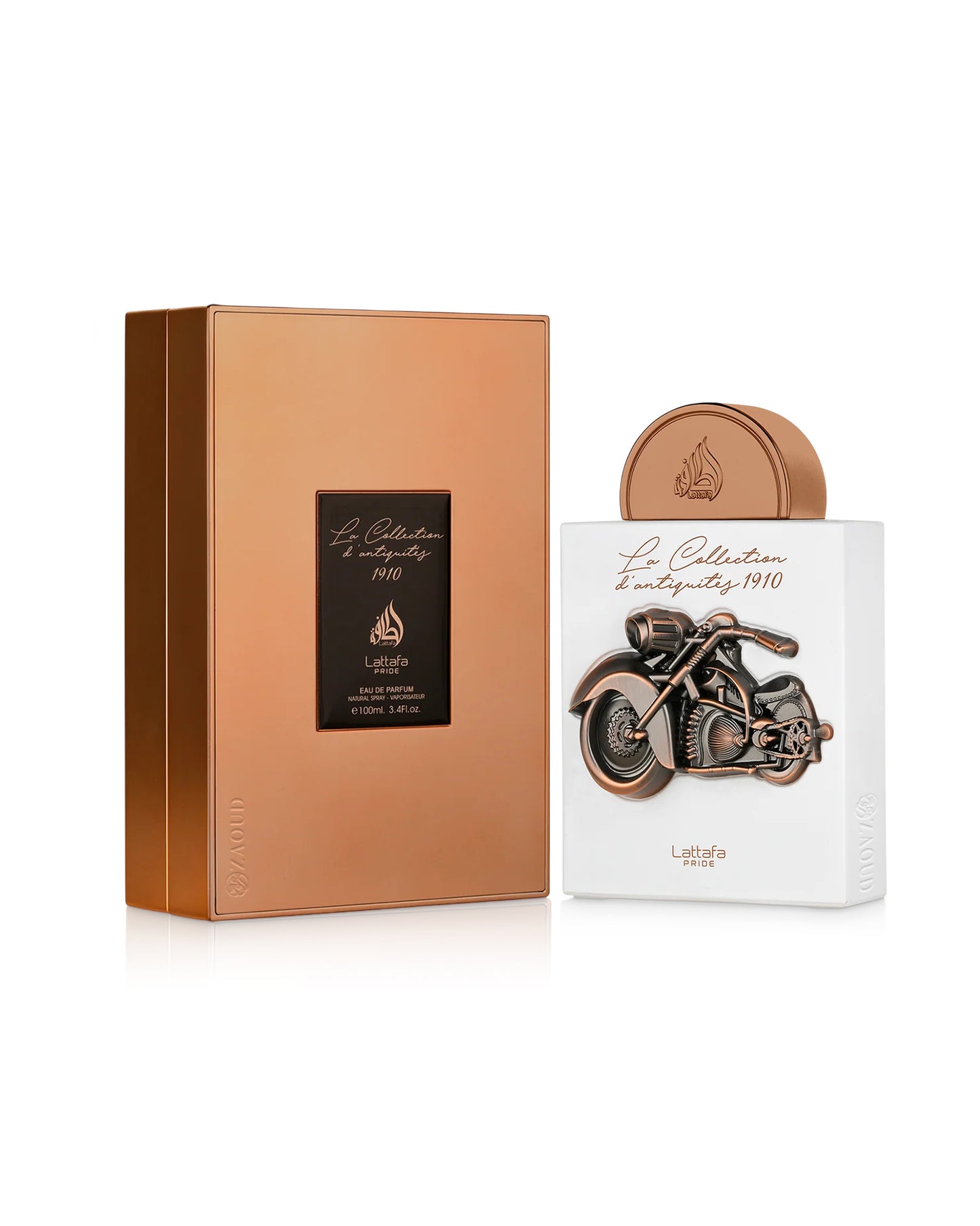 lattafa dantiquites 1910 perfume bottle shows beside its packaging against white background