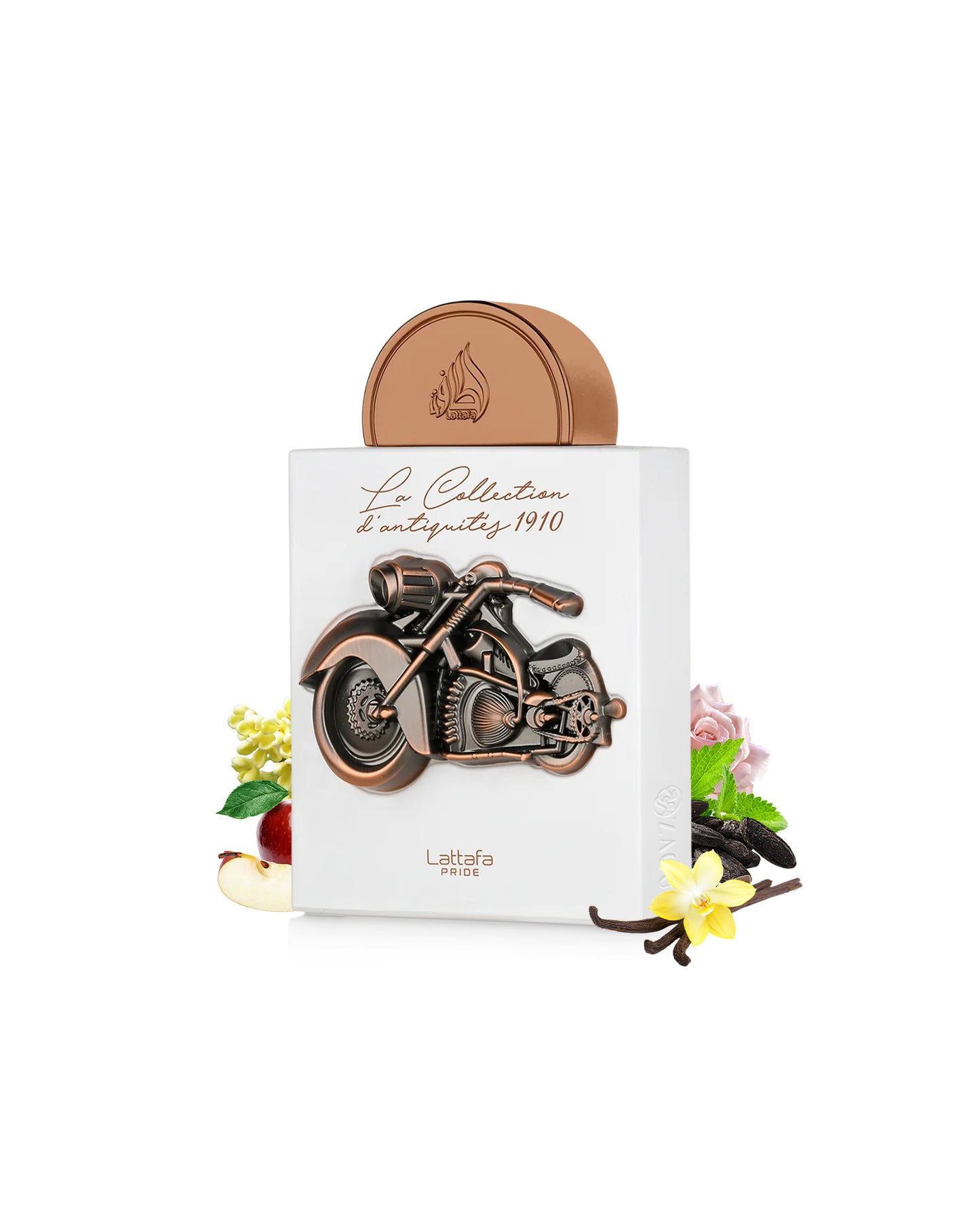 lattafa dantiquites 1910 perfume bottle surrounded by fragrance notes like vanilla and apple shows against white background