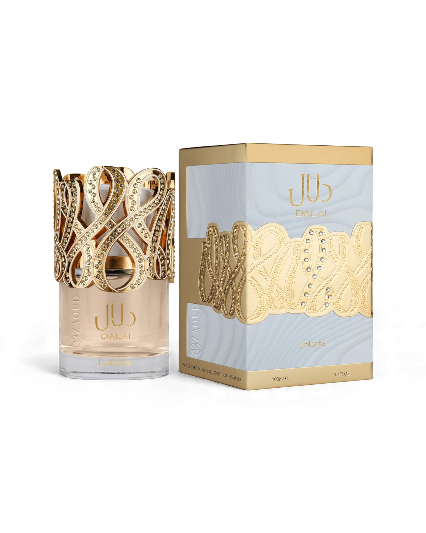 lattafa dalal perfume bottle with golden cap shows beside its packaging against white background